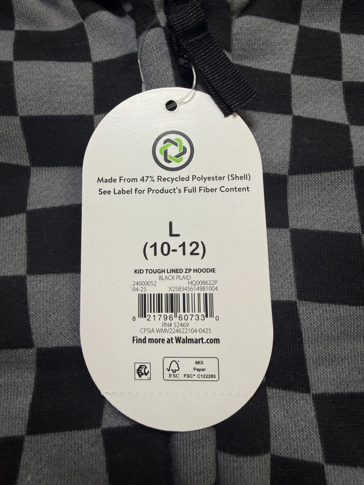 Wonder Nation Tough Fully Lined Zip Hoodie Girls Kids Large (10-12) Black Plaid