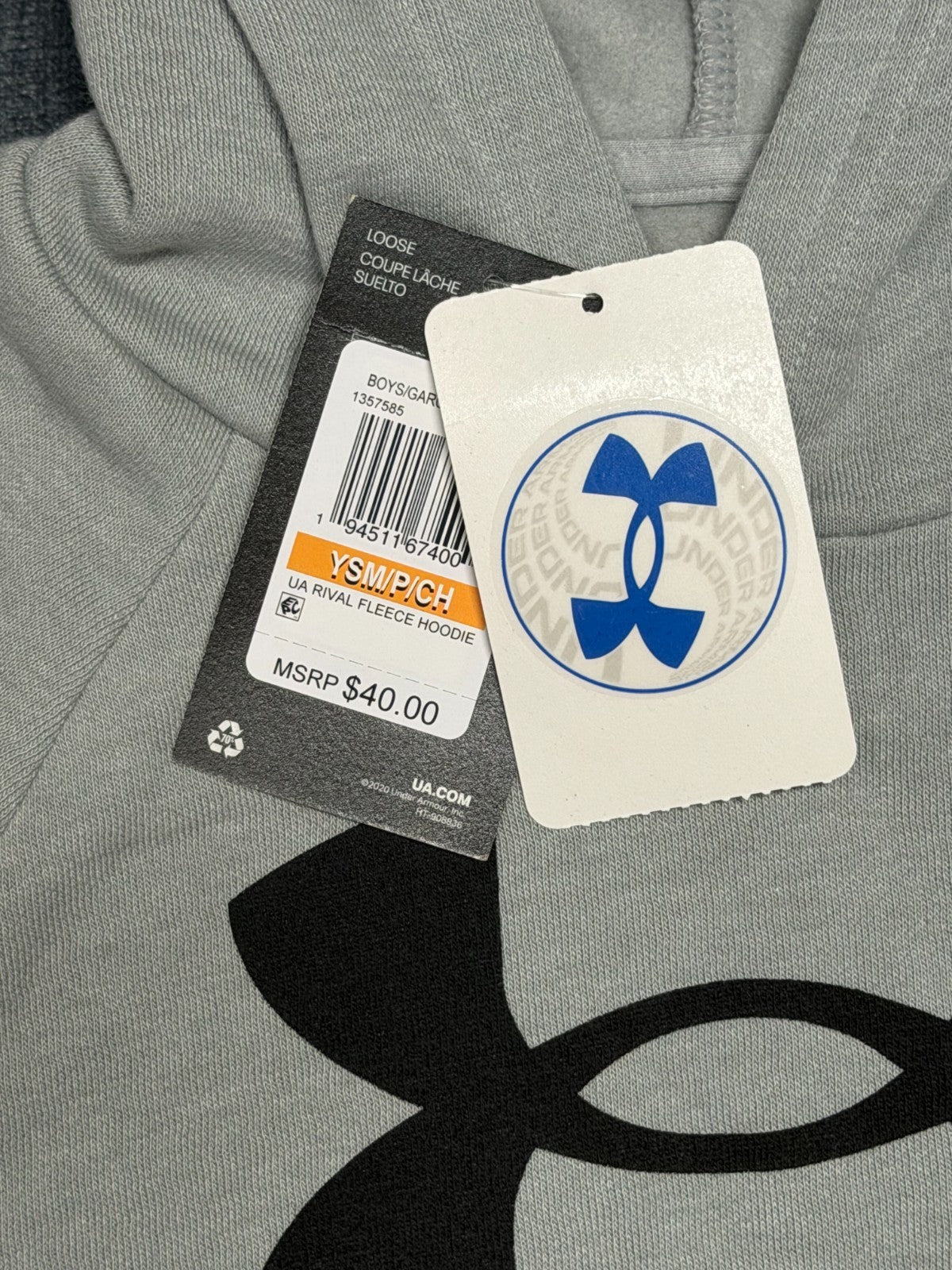 NWT Under Armour Rival Big Logo Fleece Hoodie Boys Small Light Grey Long Sleeve