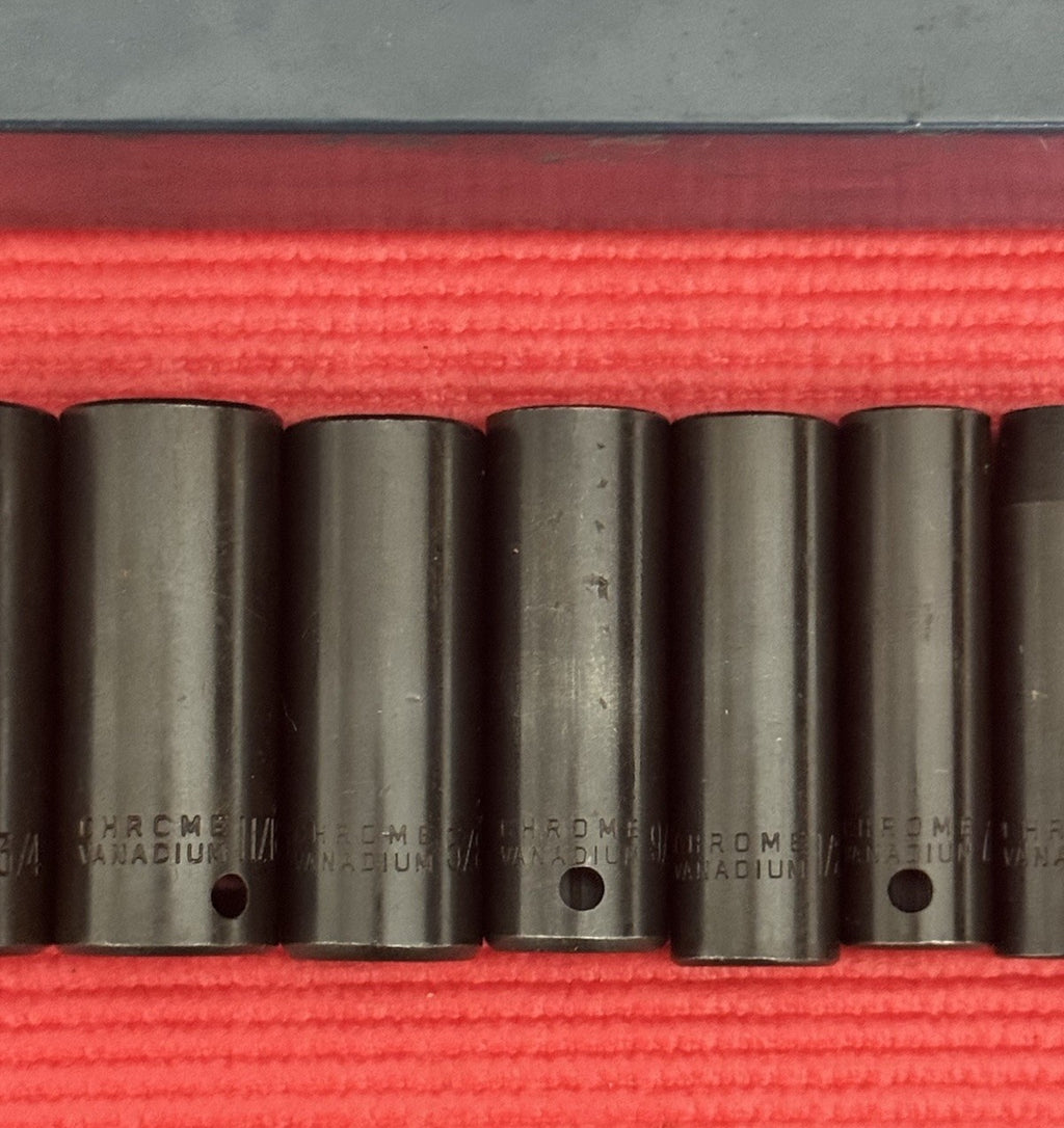 Vintage Chrome Vanadium 9 Pc 3/8" Drive Deep Impact Socket Set SAE W/Metal Case