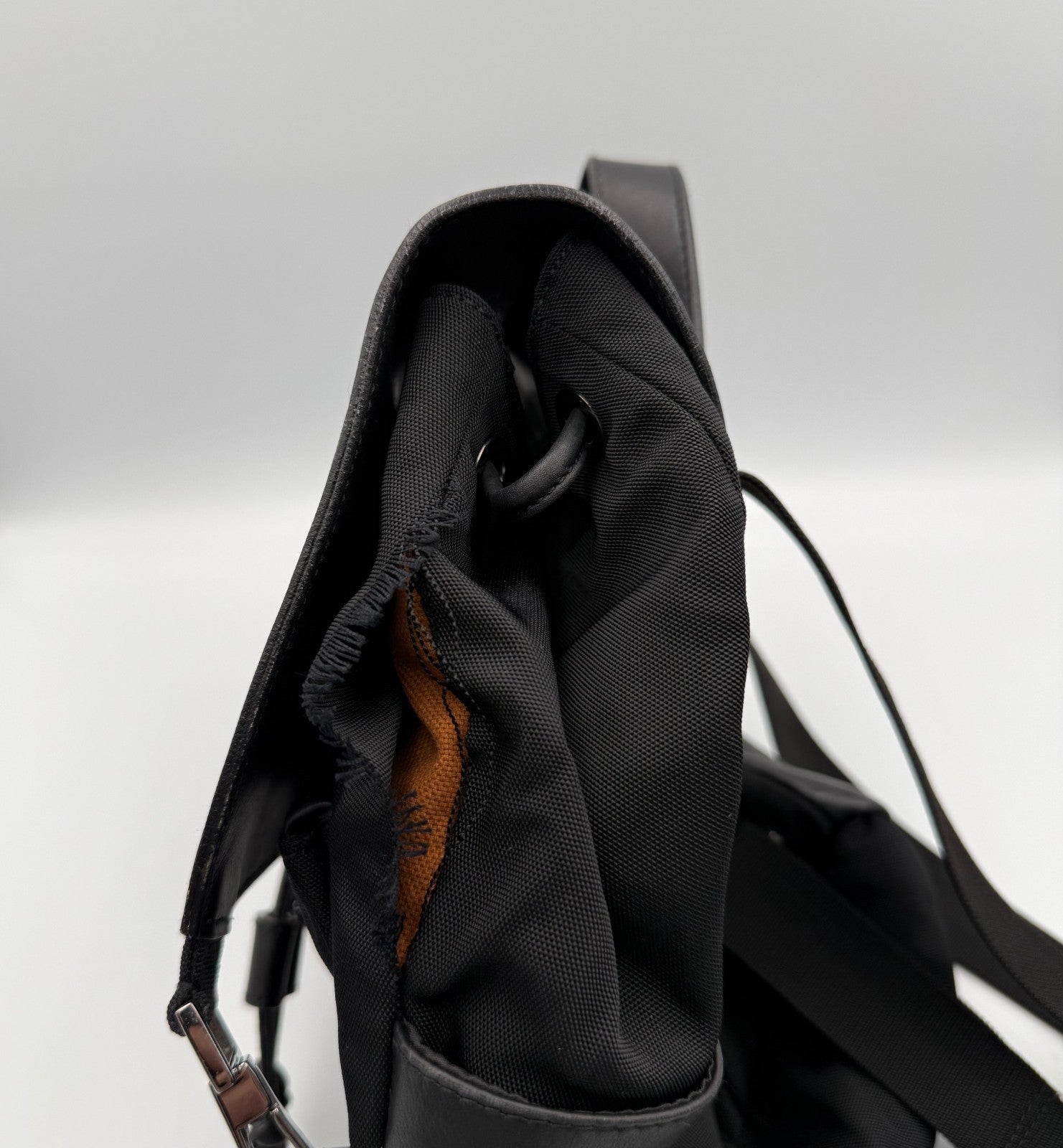 Gucci Backpack Unisex Nylon Leather Black Embossed Logo Flap Drawstring Buckle