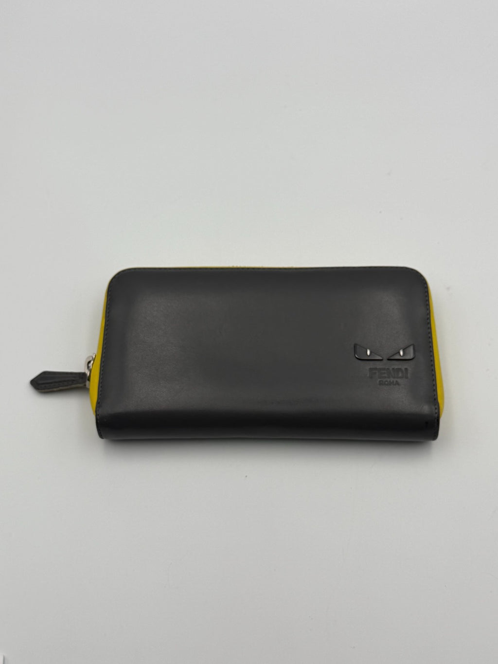 Fendi Monster 7M0210 Bug Eyes Zip Around Long Wallet Black Leather Yellow Trim