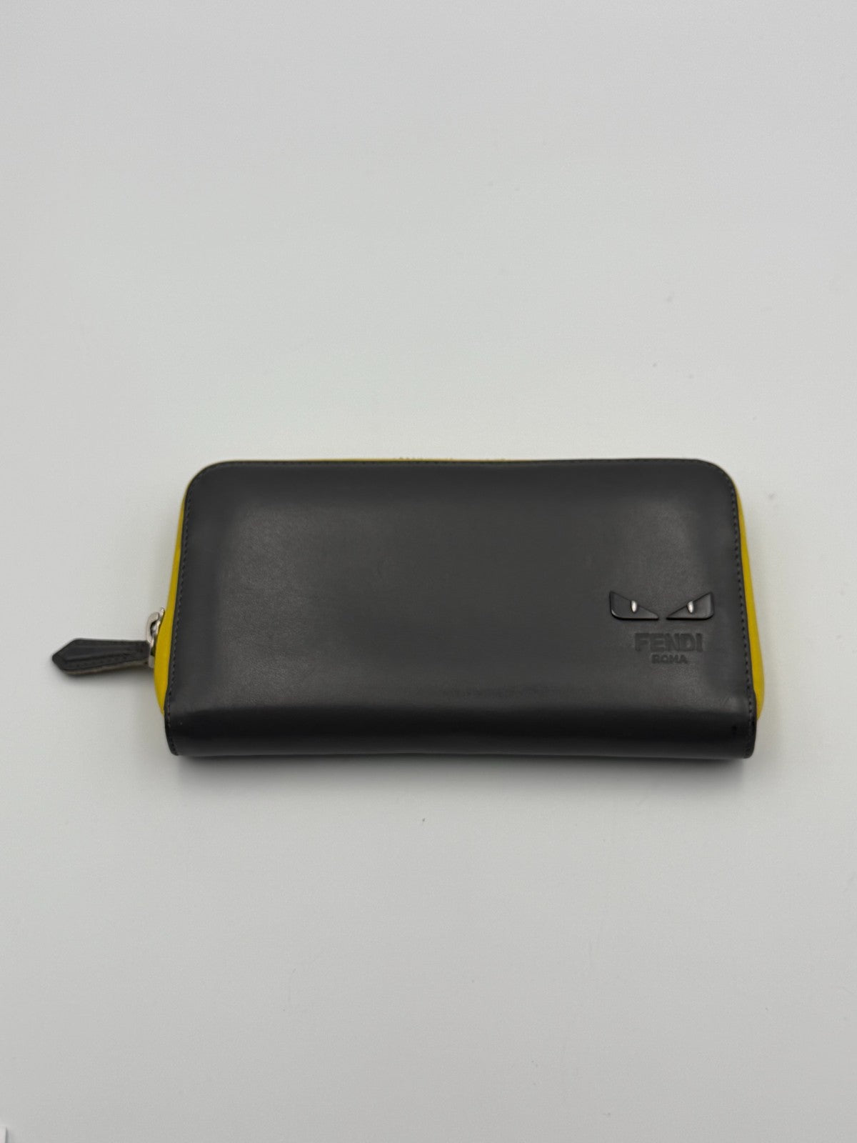 Fendi Monster 7M0210 Bug Eyes Zip Around Long Wallet Black Leather Yellow Trim