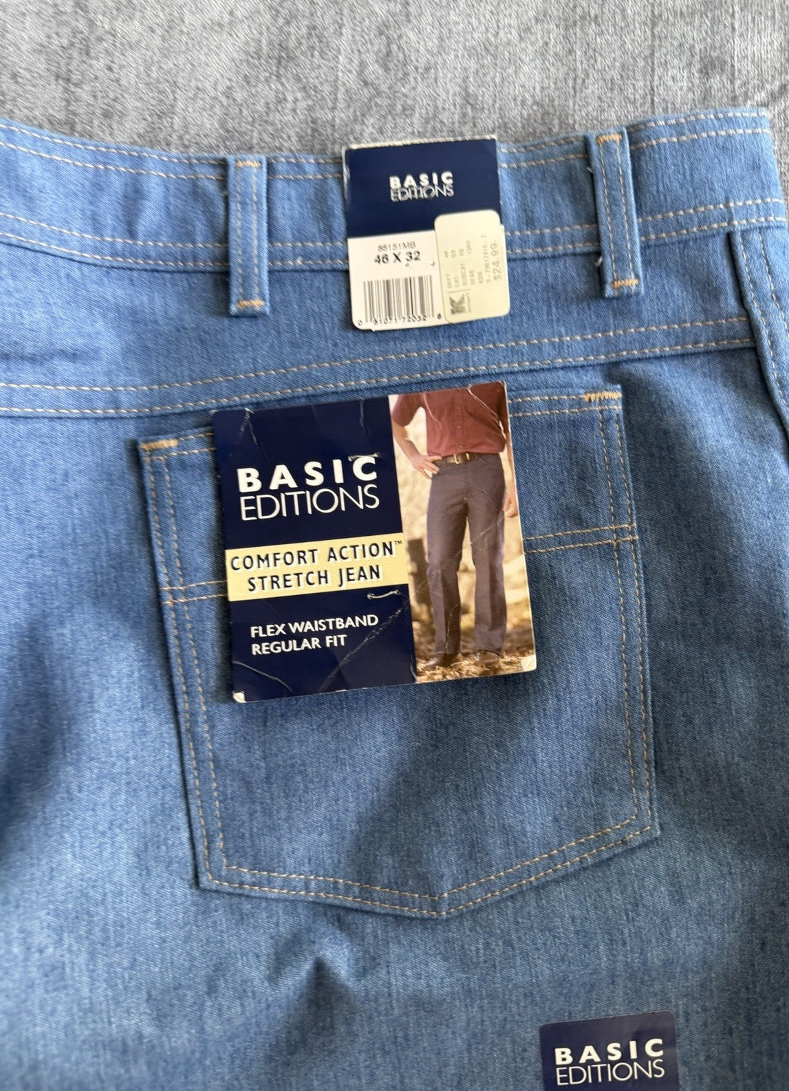 Basic Editions Comfort Action Stretch Men’s 46W X 32L Denim Blue Light Jeans NWT