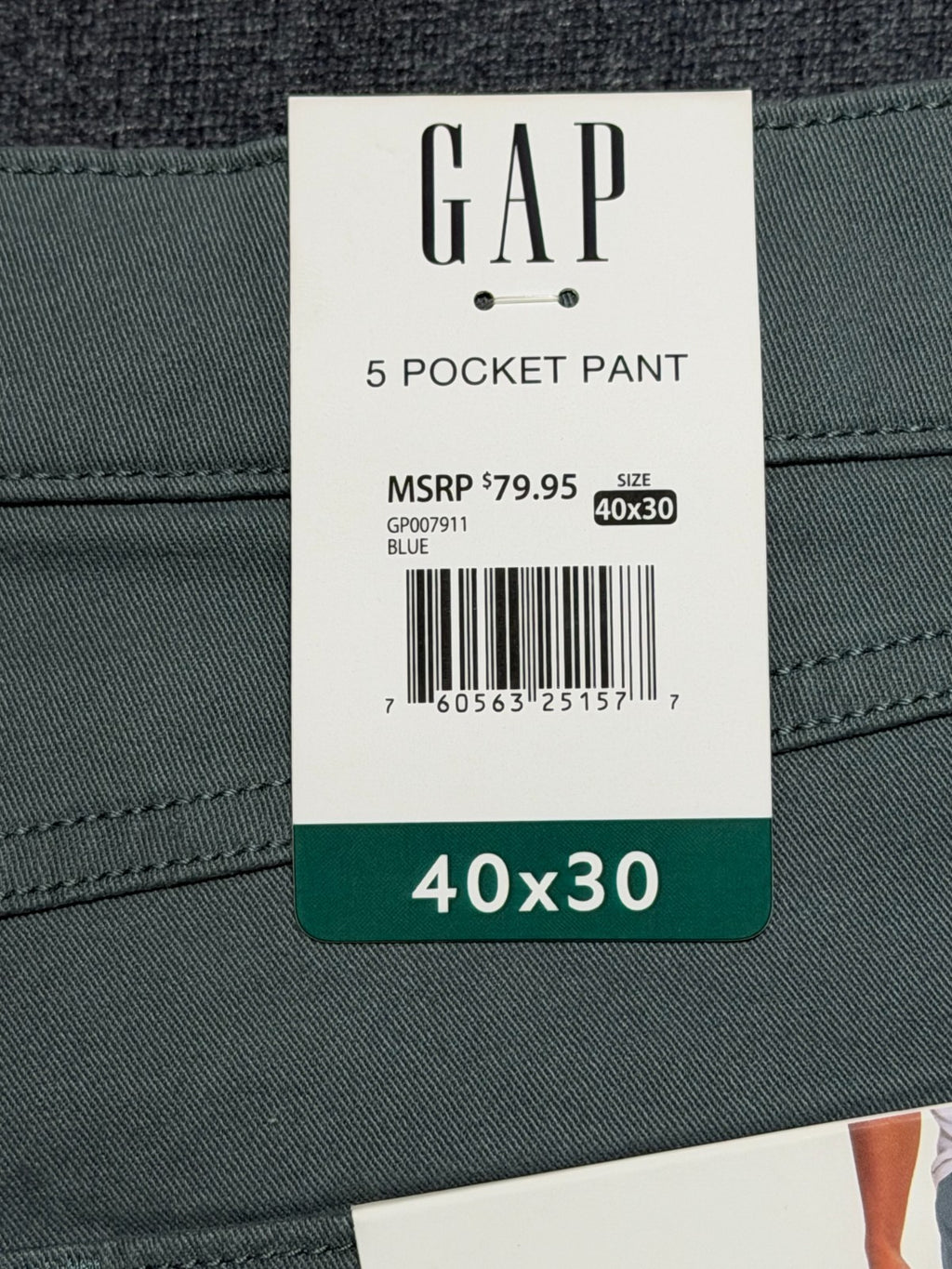 NWT Gap Slim Fit Stretch Twill Pants Men's 40X30 Blue Zip-Fly Classic 5-Pockets