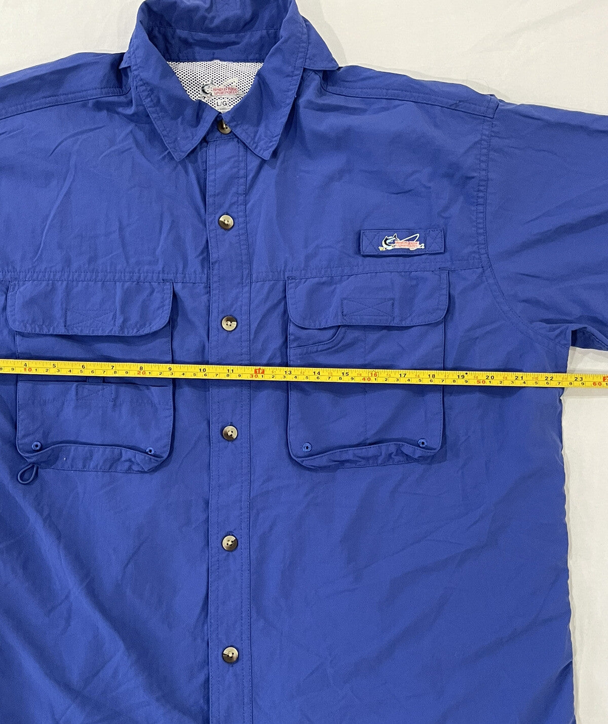 World Wide Sportsman fishing shirt, Blue mens Size L Large vented back  B1