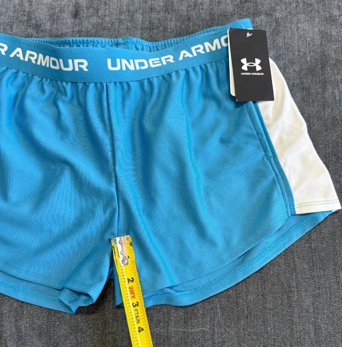 NWT Under Armour Tech Play Up Shorts Girls Ether Blue Drawstring 100% Polyester