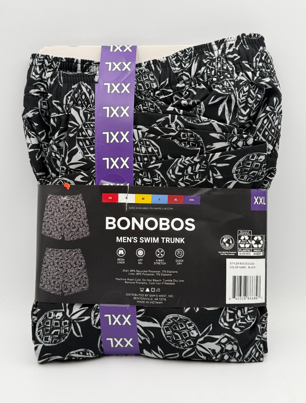 NWT Bonobos Swim Trunks Men's 2XL Black Pineapple Print Drawstring Summer Beach