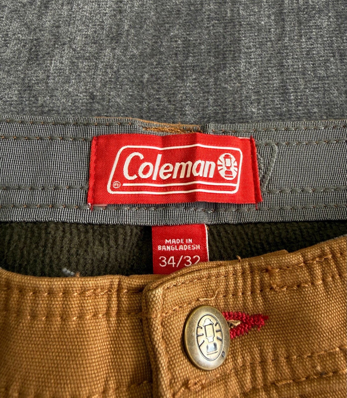 Coleman Work Pants Men's 34/32 Brown Fleece Lined Straight Leg Pockets Pull-On