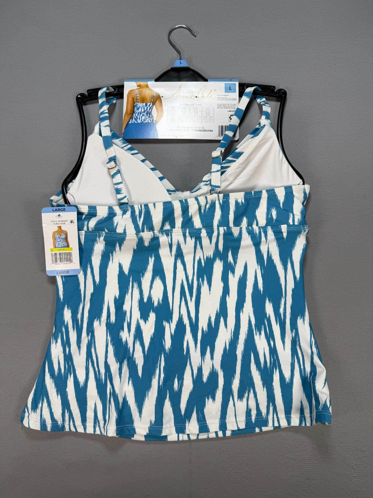 NWT Anne Cole Tankini Swim Top Womens Large Turquoise White UPF 50+ Summer Beach