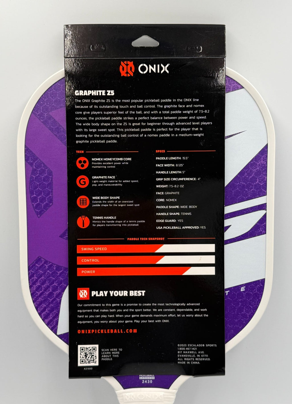 New ONIX MOD Z5 Graphite Pickleball Paddle Carbon Fiber Honeycomb Core Purple