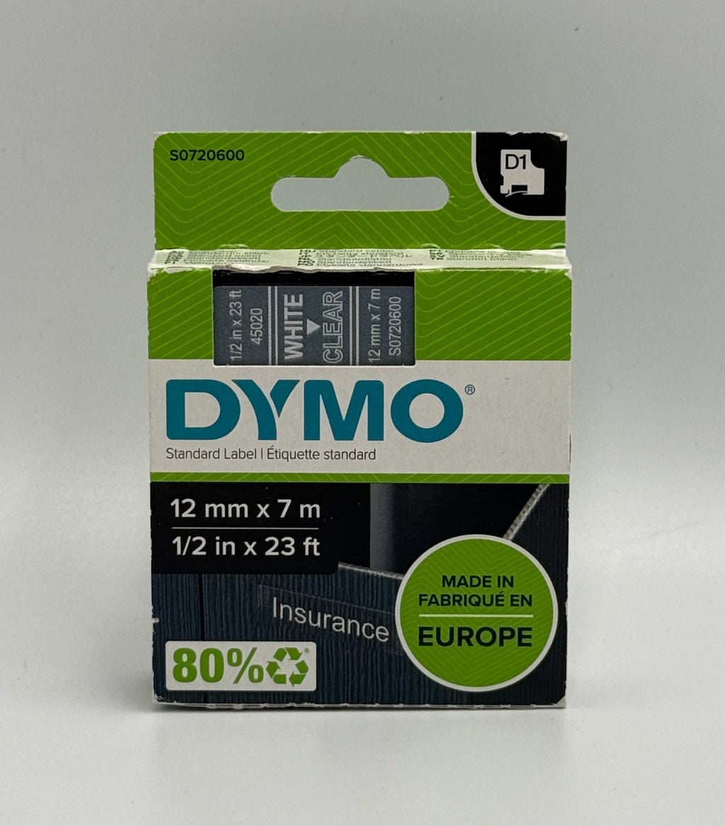 New DYMO D1 45020 S0720600 Standard Label Tape White on Clear - 12mm 1/2" x 23ft