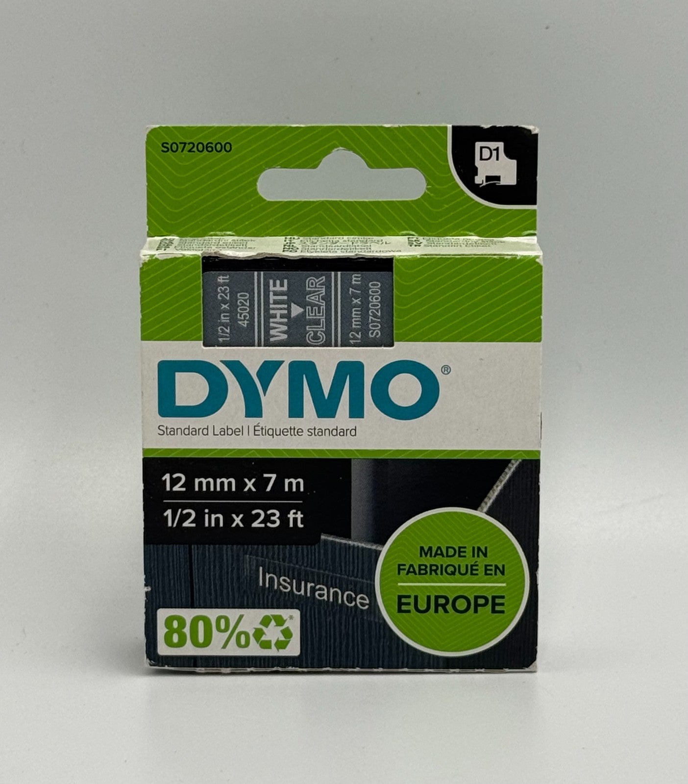 New DYMO D1 45020 S0720600 Standard Label Tape White on Clear - 12mm 1/2" x 23ft