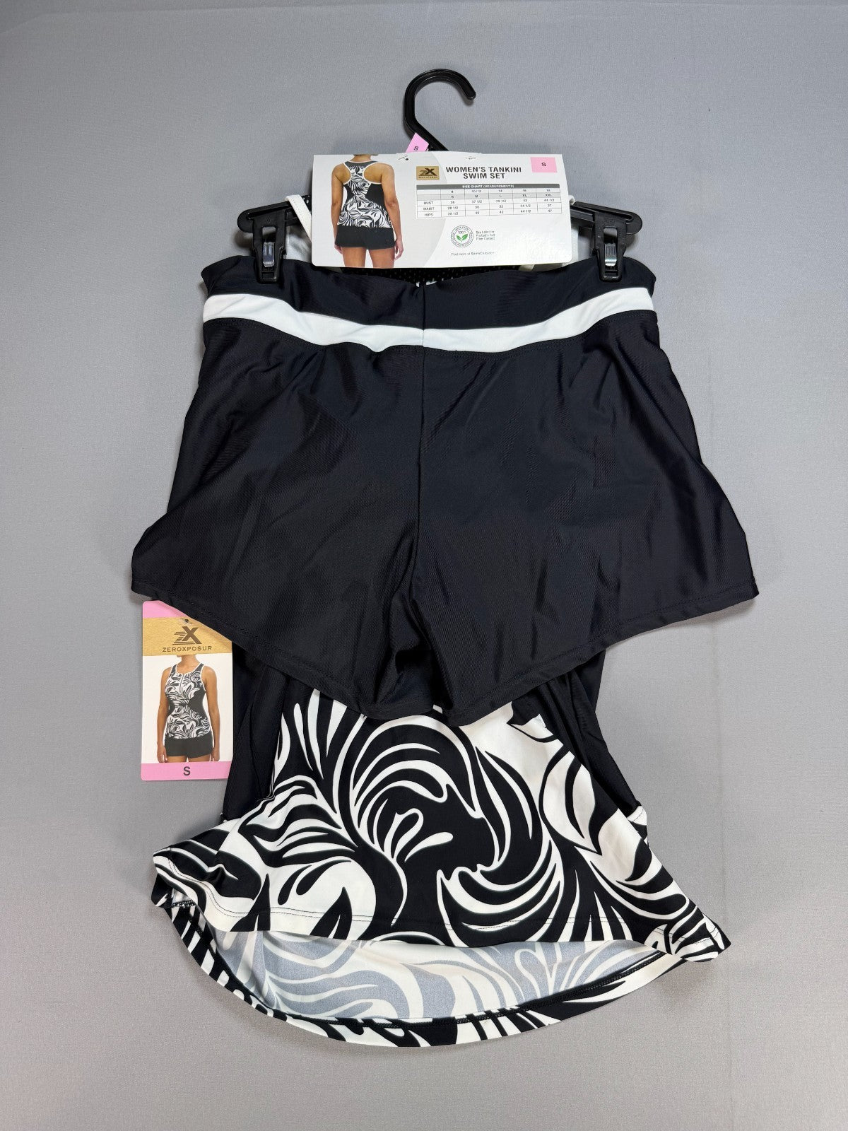 ZeroXposur Swirl Zip Front 2-Piece Tankini Swim Set Women's Small Black/White