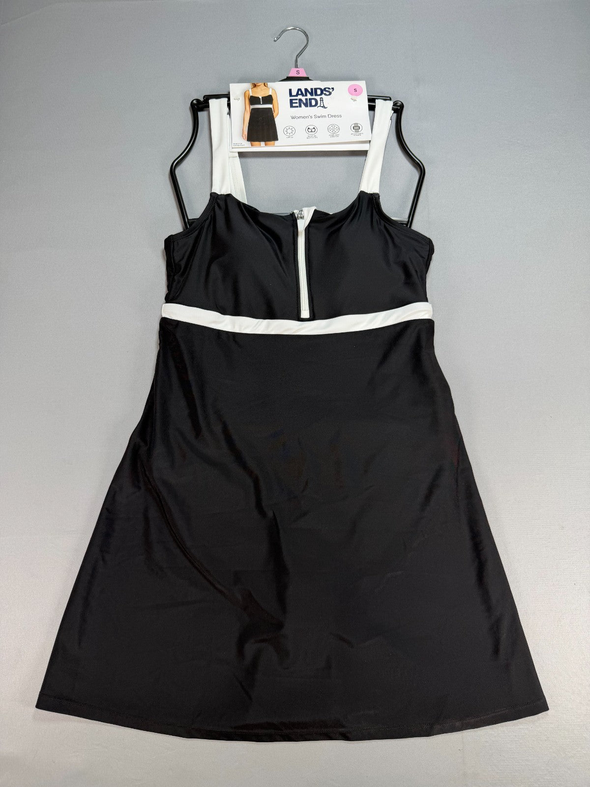 NWT Lands' End Zip Front Swim Dress Women's Small Black White Sleeveless Summer