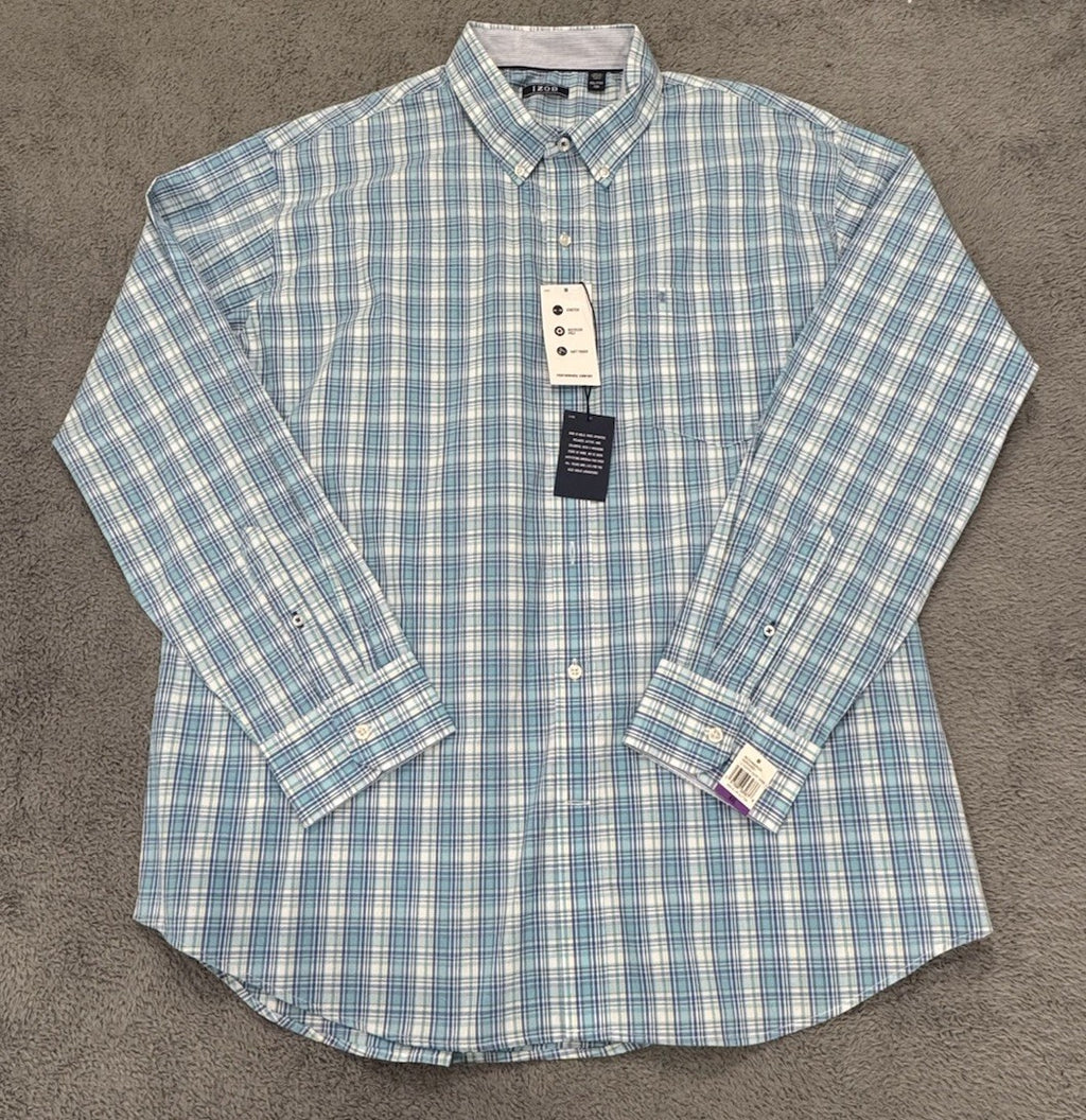 Izod NEW Comfort Bachelor Button Men’s Blue Plaid Button Shirt Size XXL