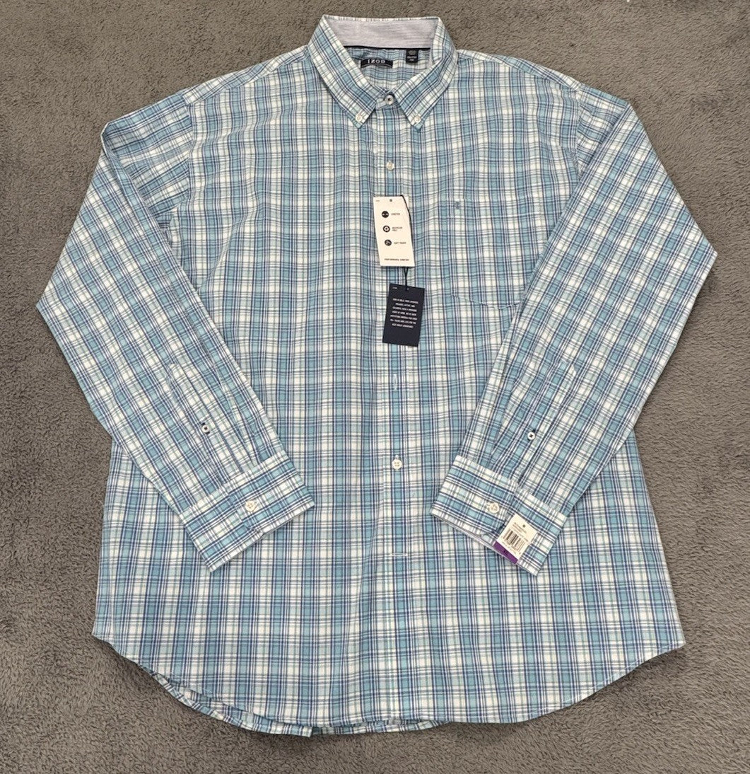 Izod NEW Comfort Bachelor Button Men’s Blue Plaid Button Shirt Size XXL