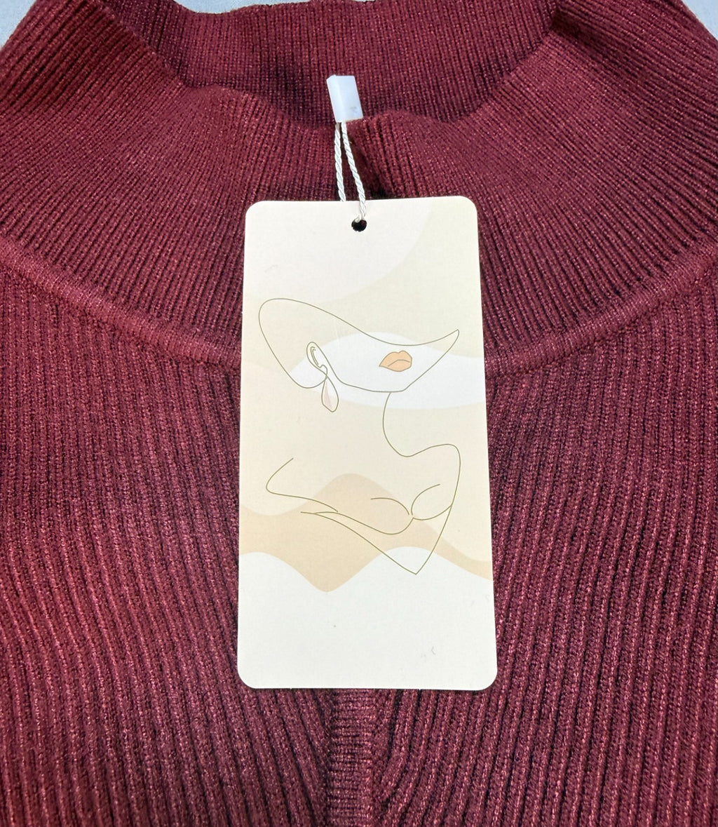 Women's Oversized Ribbed Knit Sweater Medium Burgundy Pullover Mock Neck Preppy