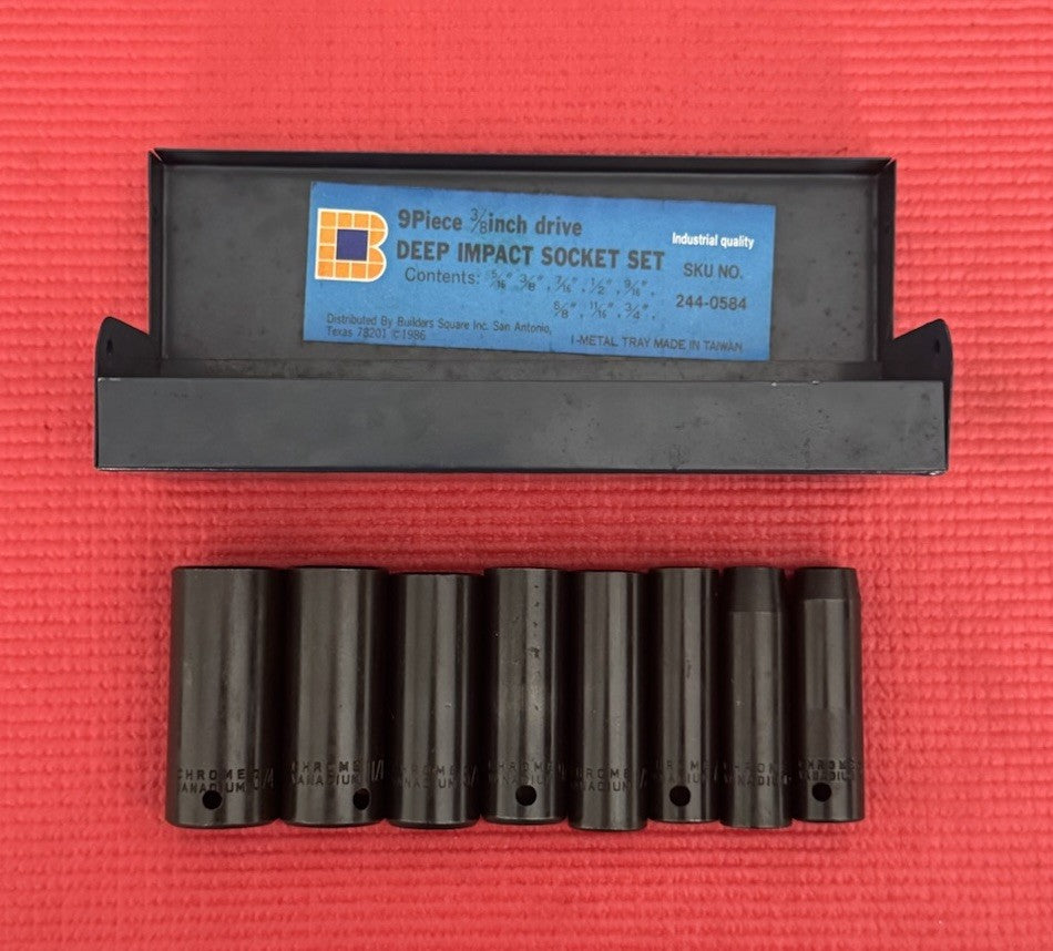 Vintage Chrome Vanadium 9 Pc 3/8" Drive Deep Impact Socket Set SAE W/Metal Case