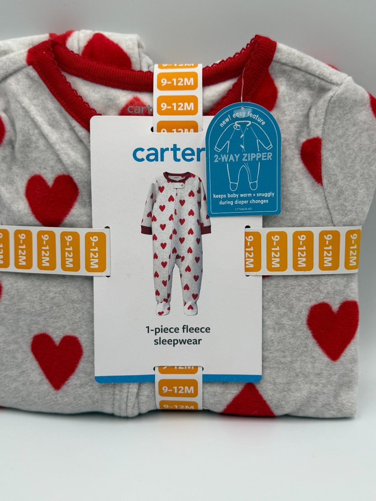 NWT Carter's Fleece Footie 1-Piece Pajama Set Baby 9-12M Gray Red Heart Comfort