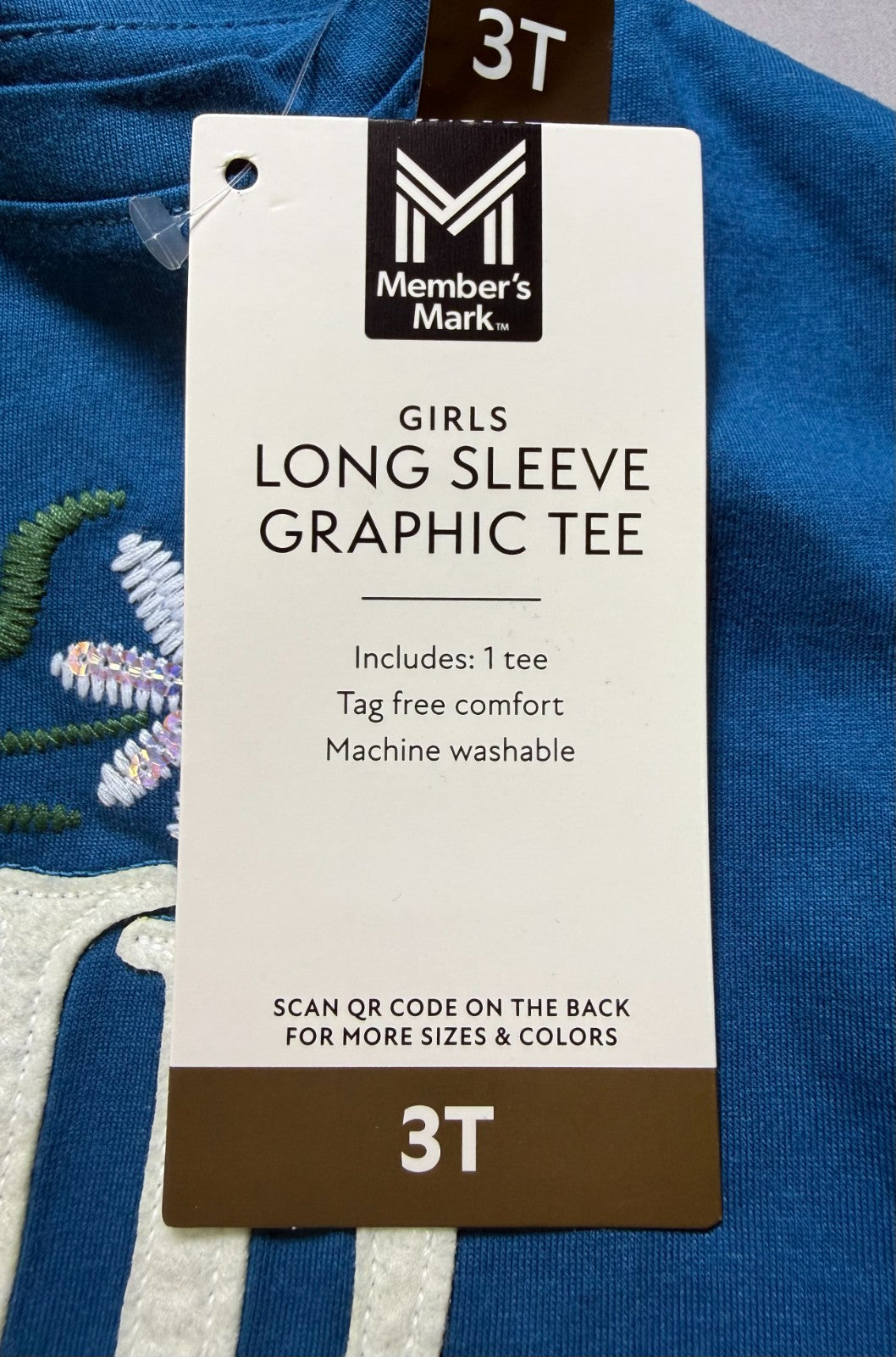 NWT Member's Mark Long Sleeve Tee Girls 3T Blue Floral Embroidered Casual Wear