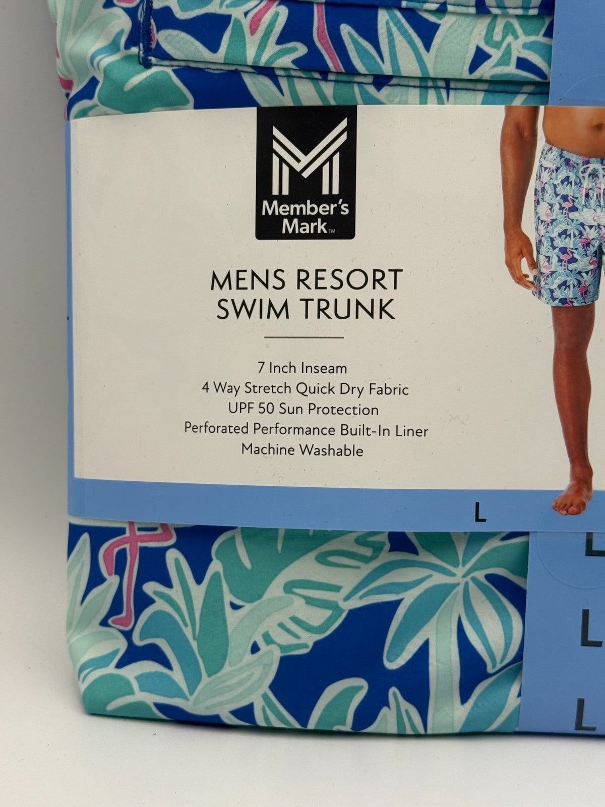 NWT Member's Mark Resort Swim Trunks Men Large Blue Flamingo Lined 4-Way Stretch