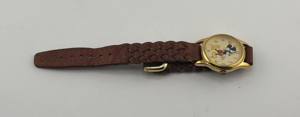 Disney Mickey Mouse Vintage Watch with Braided Brown Leather Strap Band