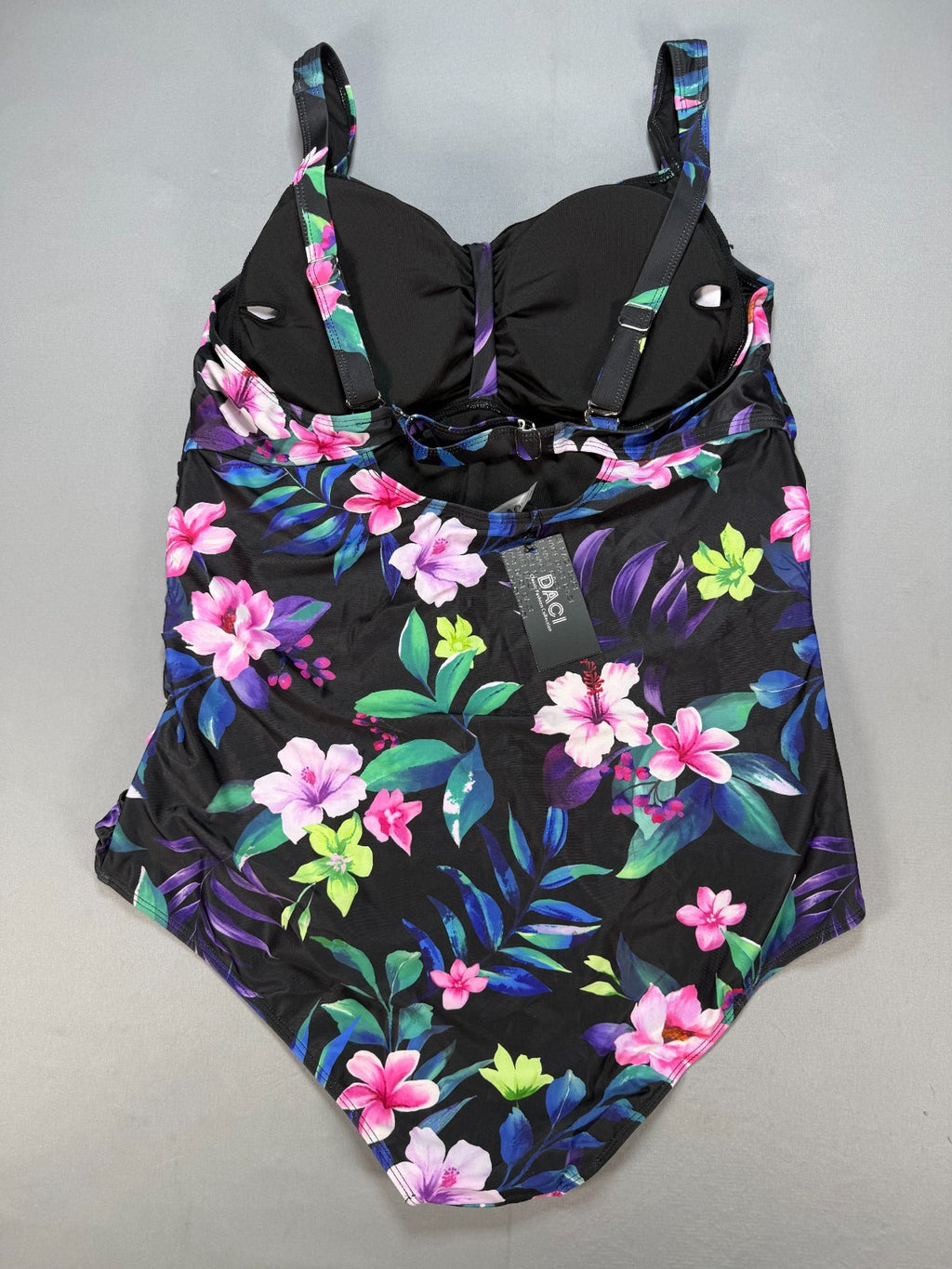 NWT Daci One Piece Swimsuit Women 22W Black Tropical Tummy Control Ruched Floral