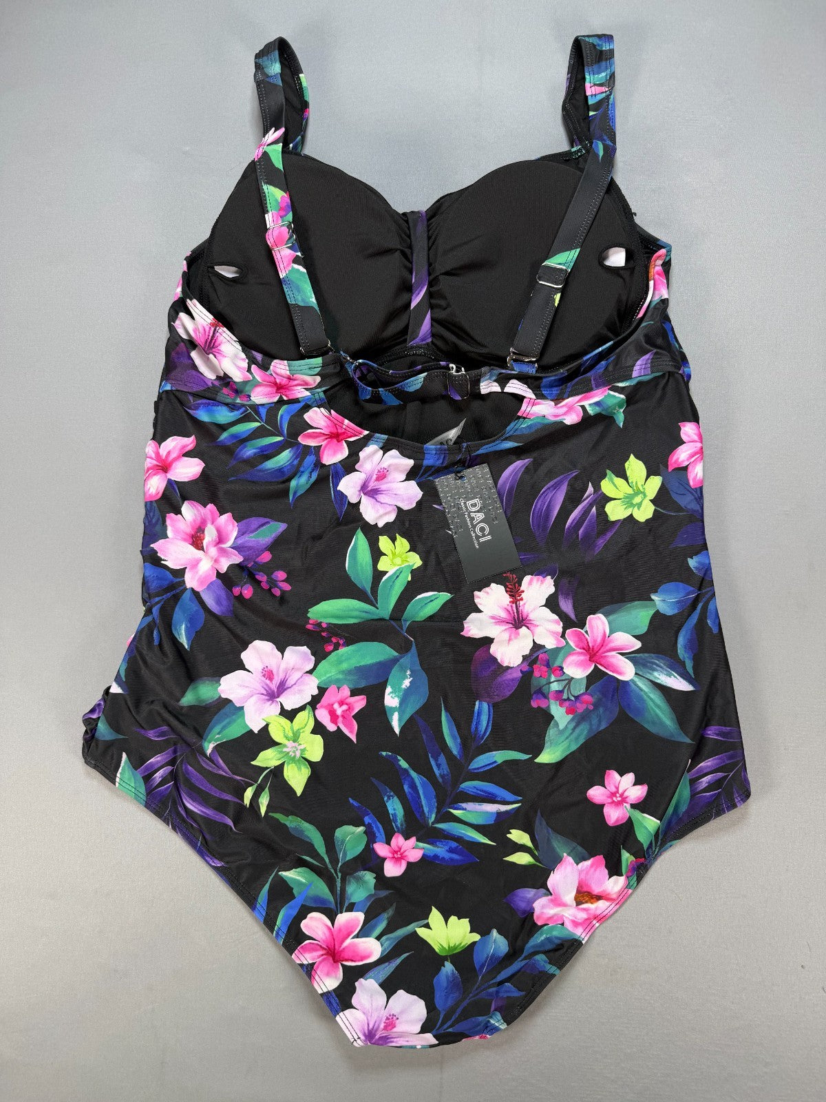 NWT Daci One Piece Swimsuit Women 22W Black Tropical Tummy Control Ruched Floral