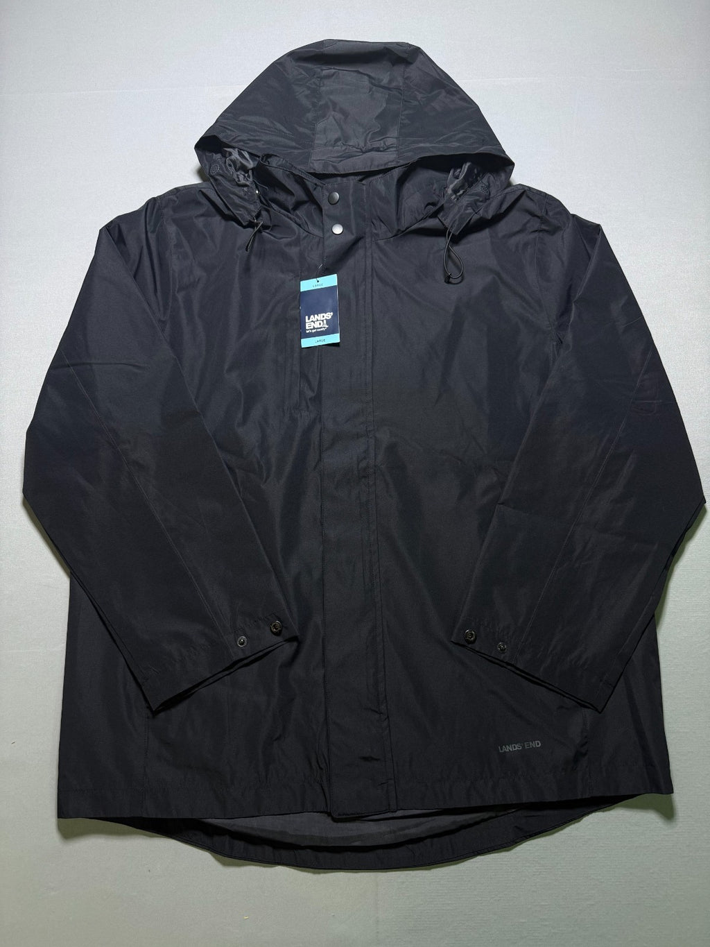 NWT Lands End Waterproof Hooded Rain Jacket Women Large Black Long Sleeve Zipper