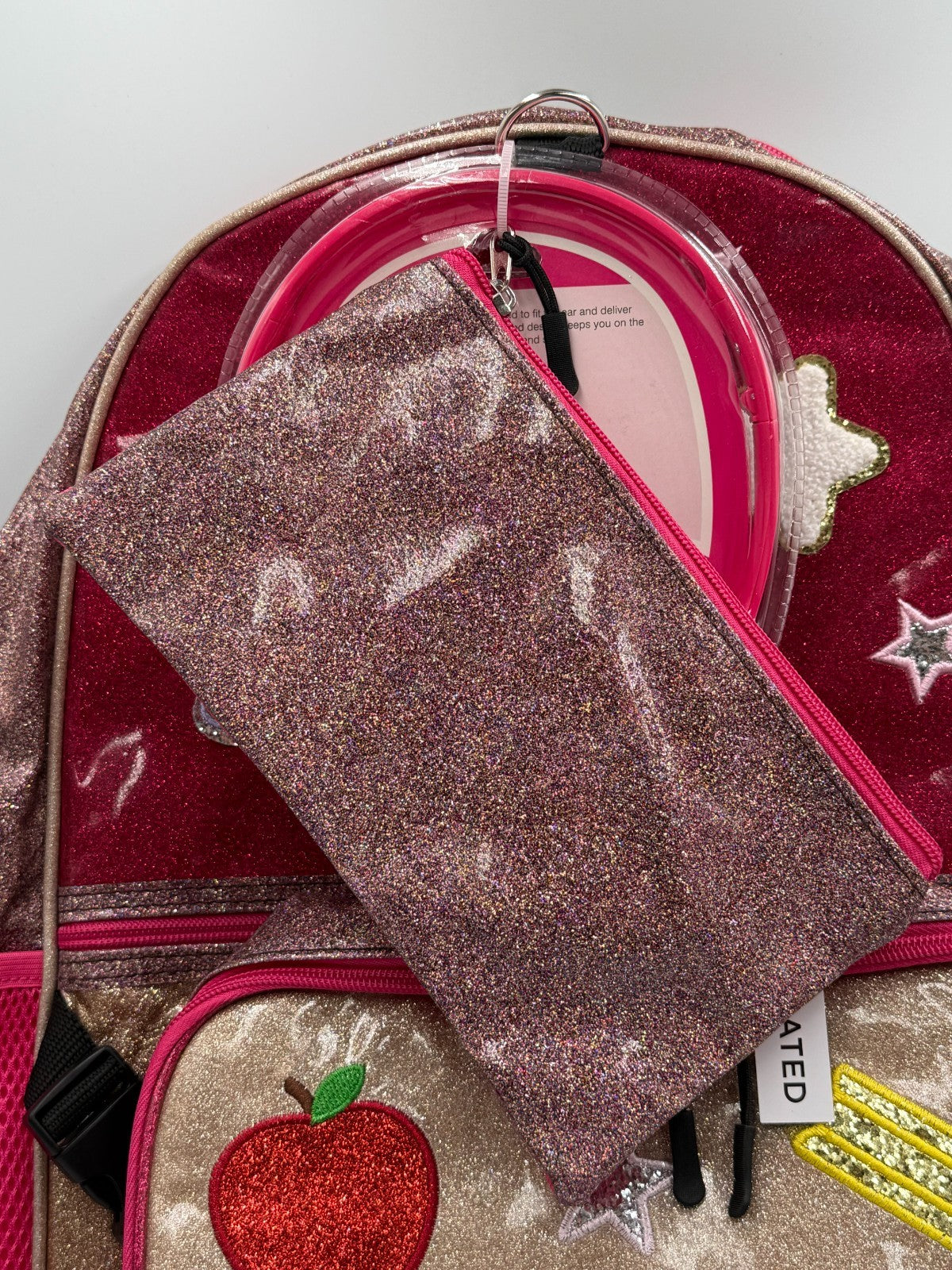 Locker Club Kids Pink Gold Glitter Retro Patch School Backpack Headphone 3Pc Set