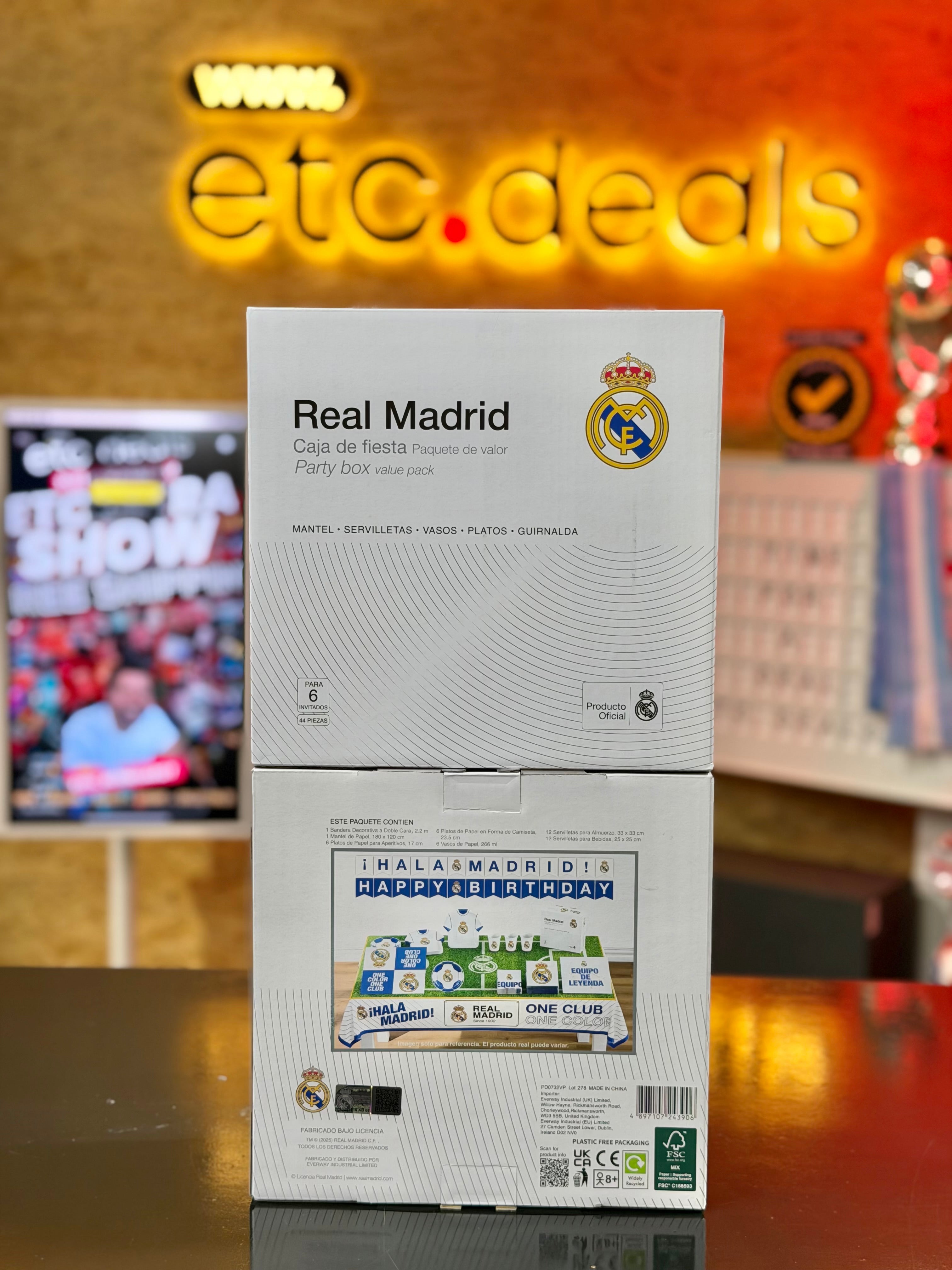Real Madrid Official Licensed Party Box – 44-Piece Birthday Party Set for 6 Guests