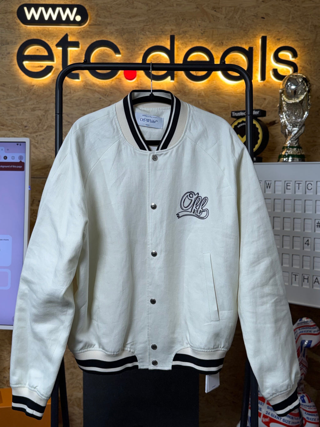Off-White Souvenir Logo Embroidered Linen Varsity Jacket 52 – White / Black
