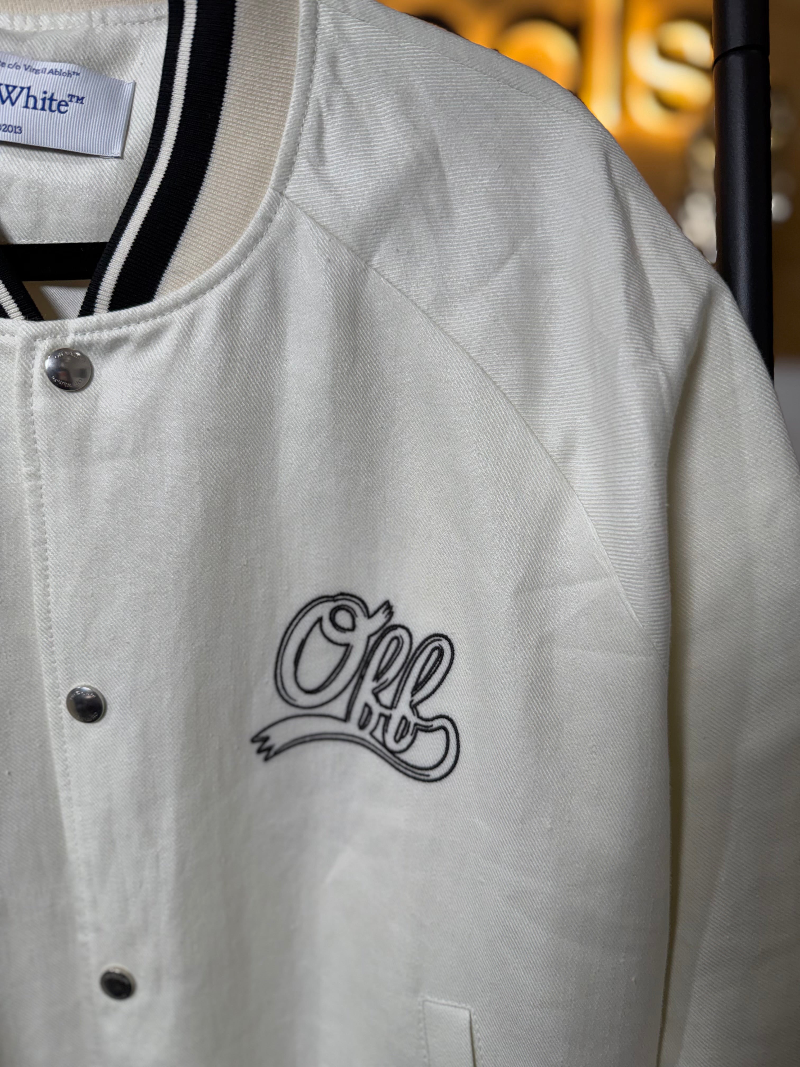 Off-White Souvenir Logo Embroidered Linen Varsity Jacket 52 – White / Black