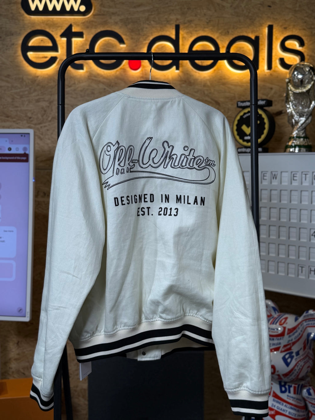 Off-White Souvenir Logo Embroidered Linen Varsity Jacket 52 – White / Black