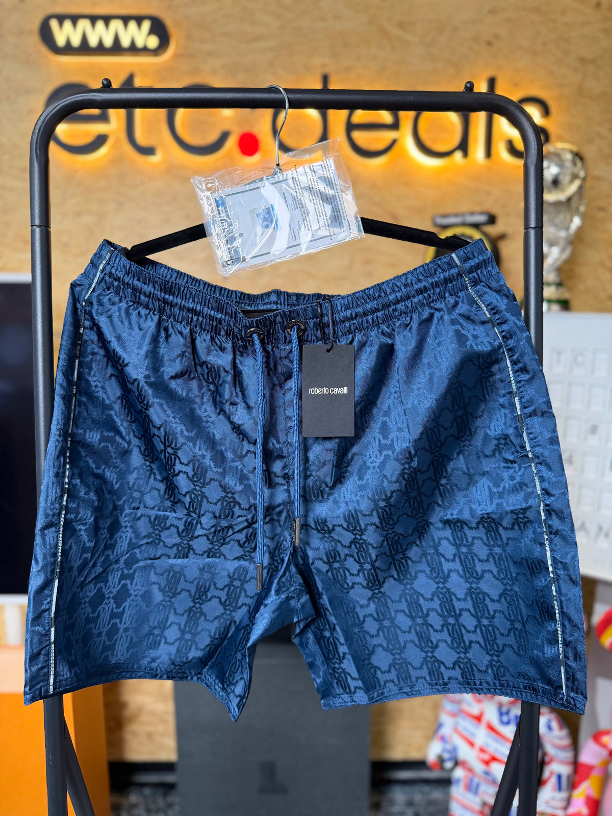 Roberto Cavalli Men’s Monogram RC Print Swim Shorts – Navy Blue – Size XL – New With Tags