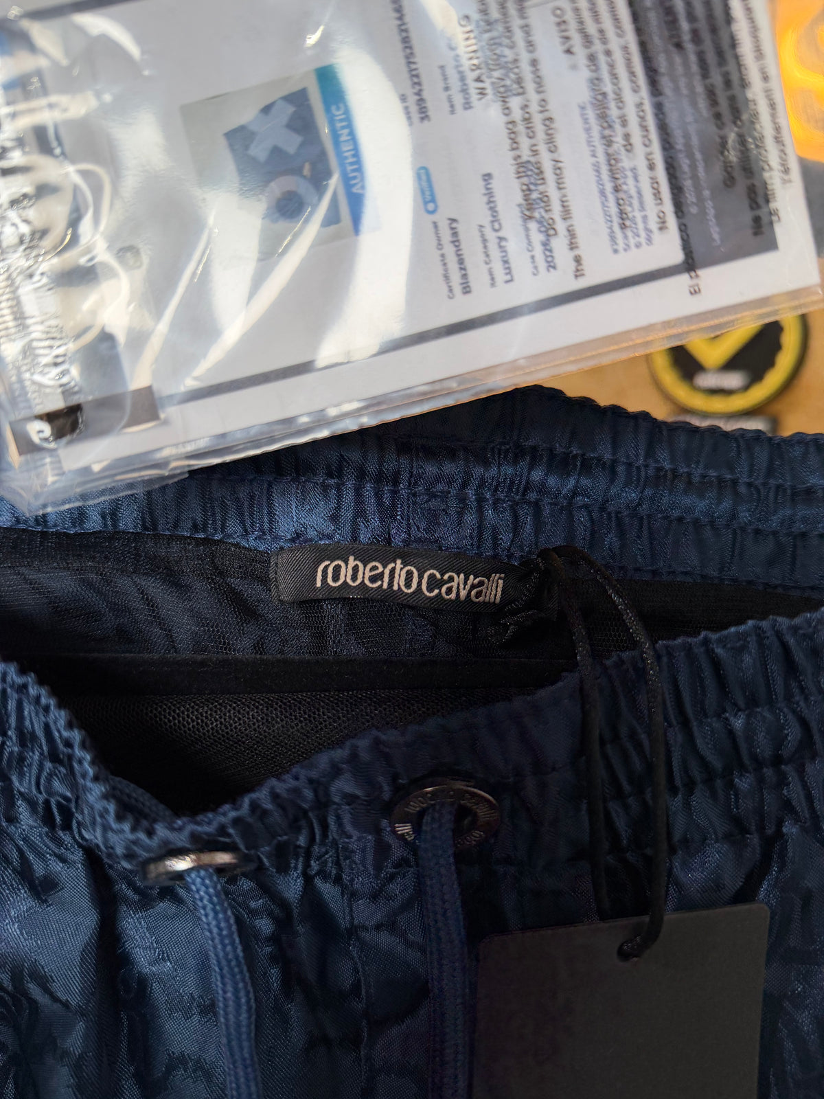 Roberto Cavalli Men’s Monogram RC Print Swim Shorts – Navy Blue – Size XL – New With Tags