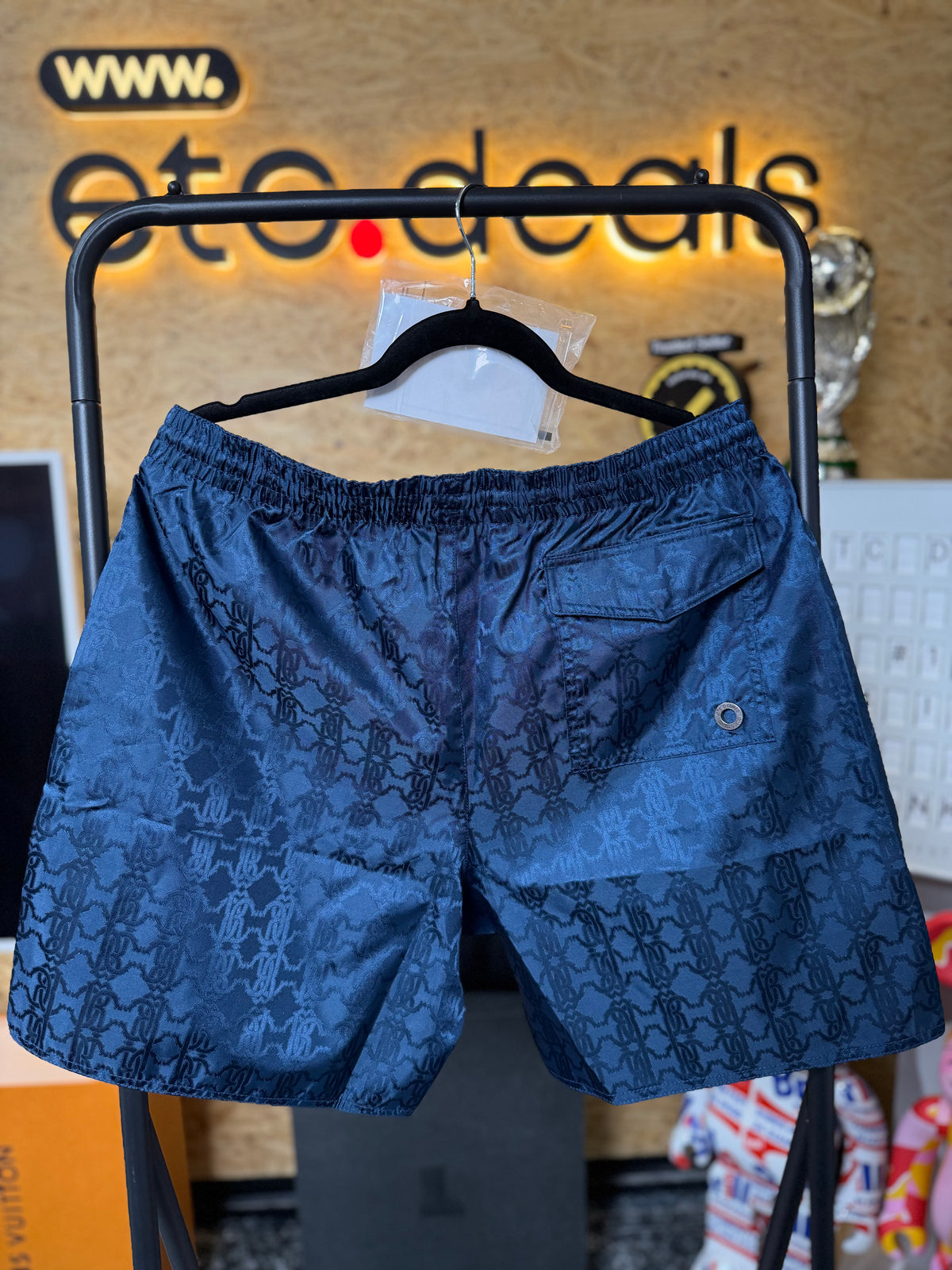 Roberto Cavalli Men’s Monogram RC Print Swim Shorts – Navy Blue – Size XL – New With Tags