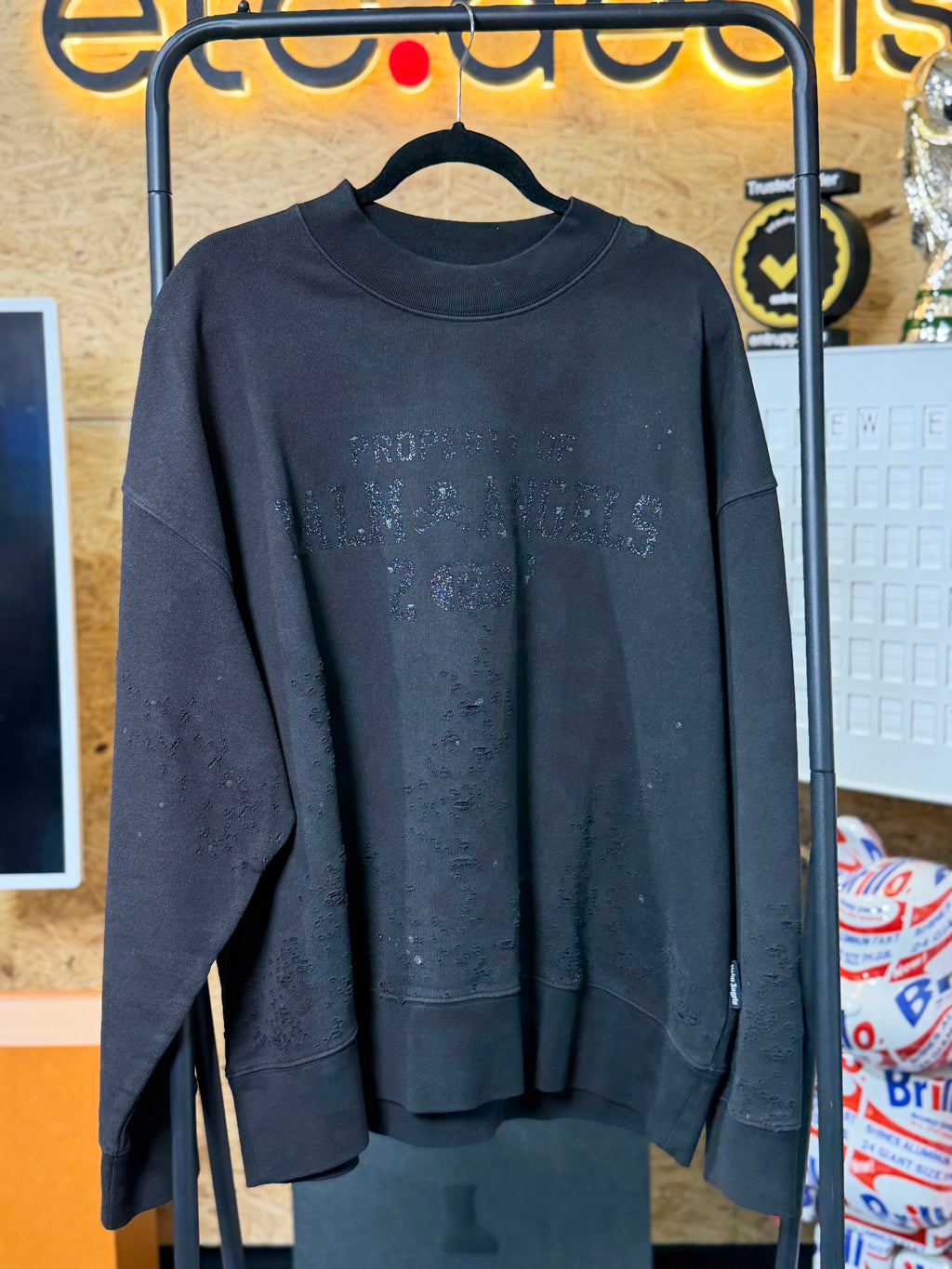 Palm Angels Property Of Distressed Crewneck Sweatshirt Black Men’s Size L