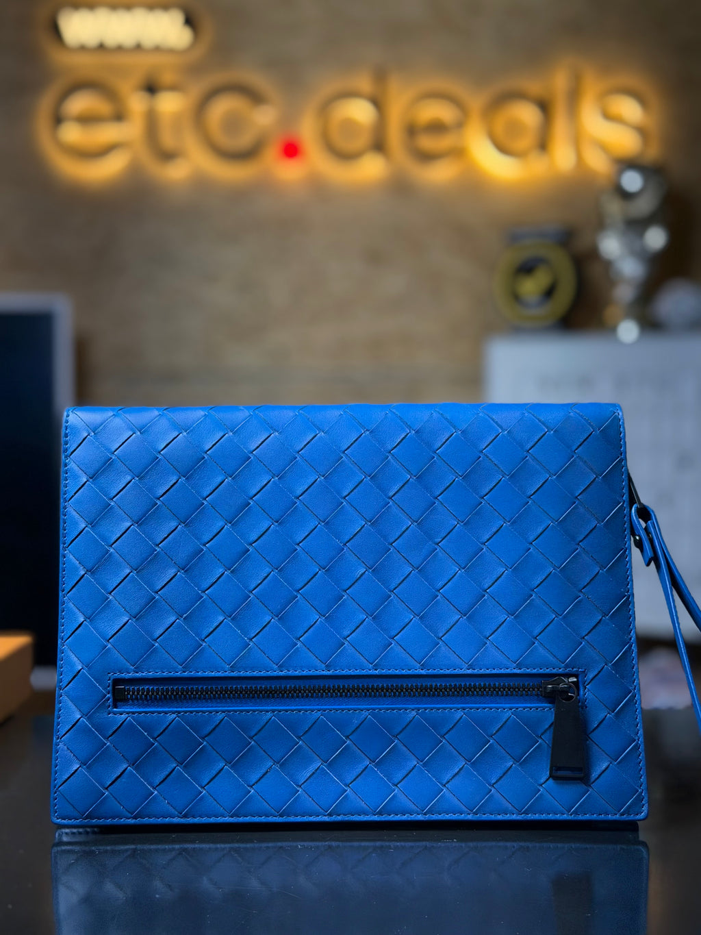 Bottega Veneta Intrecciato Blue Leather Document Case Clutch Wristlet