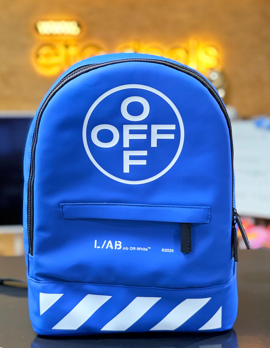 L/AB c/o Off-White Backpack Blue White Logo – Padded Designer Backpack – New with Tags
