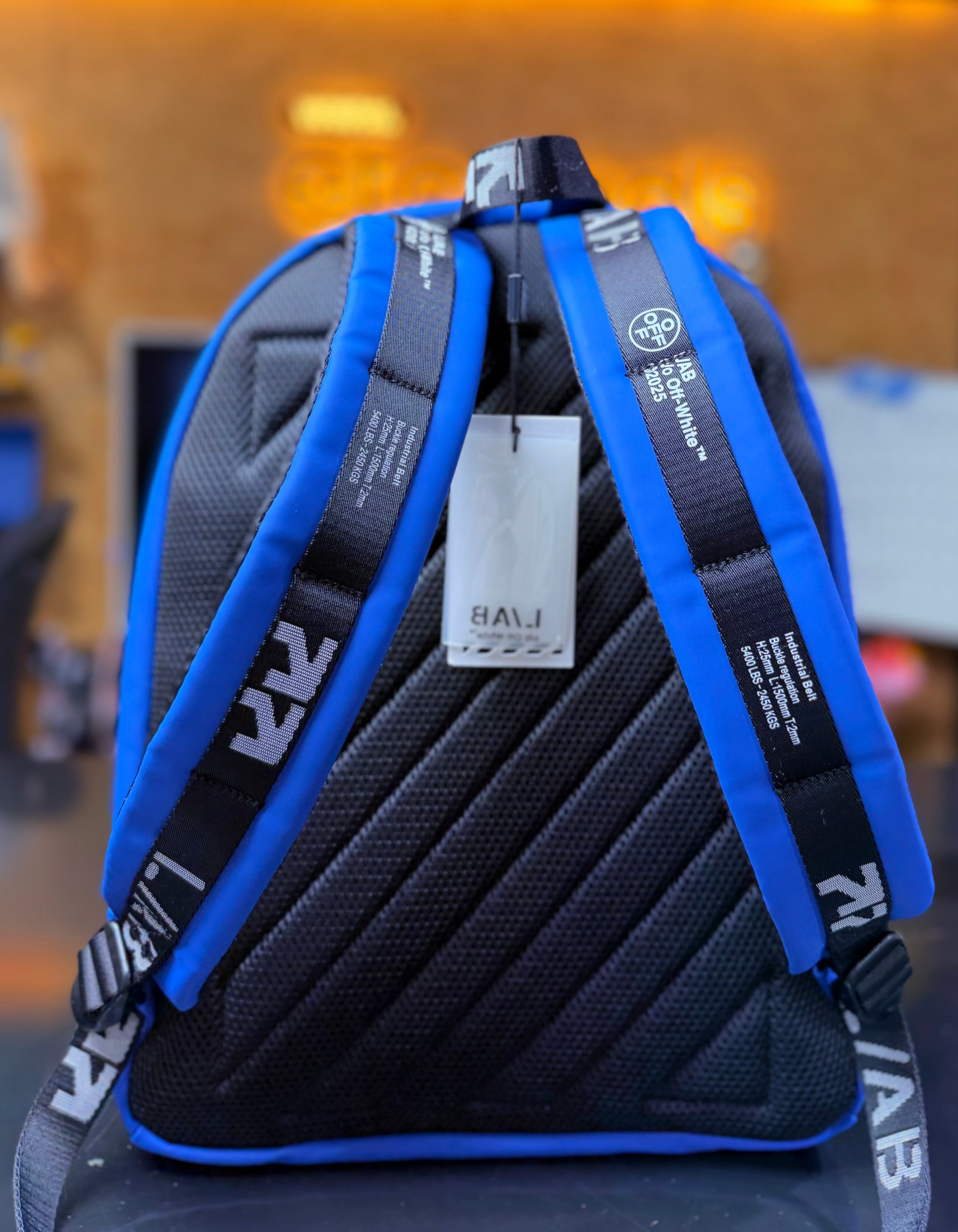 L/AB c/o Off-White Backpack Blue White Logo – Padded Designer Backpack – New with Tags