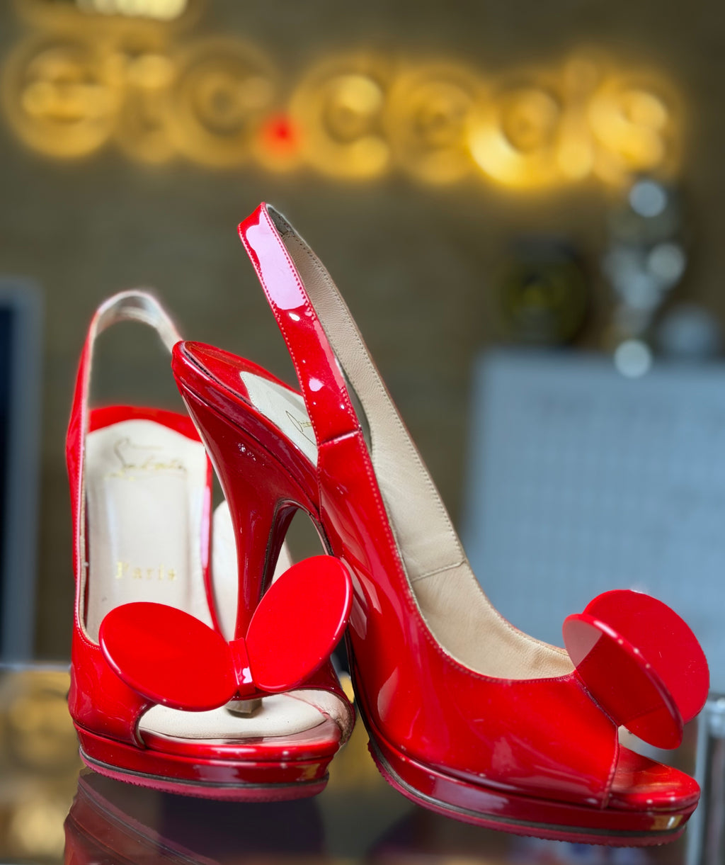 Christian Louboutin Red Patent Leather Bow Peep-Toe Slingback Platform Pumps – Women’s