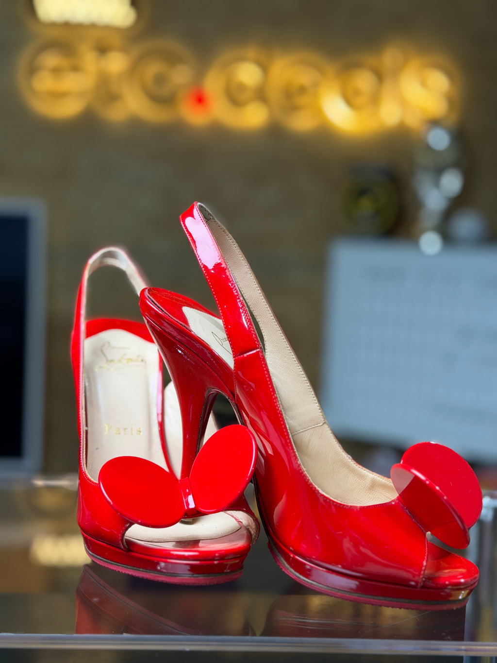 Christian Louboutin Red Patent Leather Bow Peep-Toe Slingback Platform Pumps – Women’s