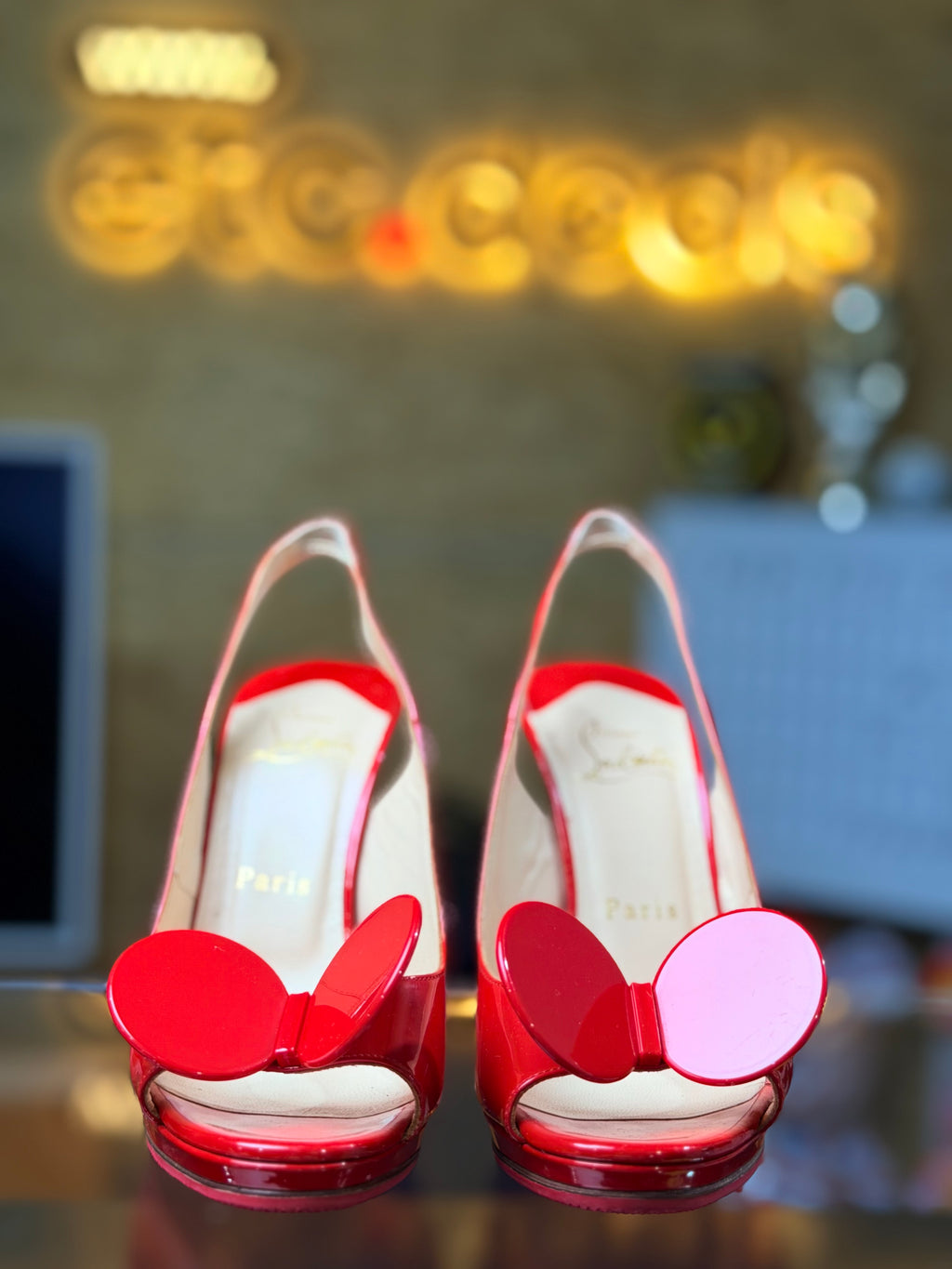 Christian Louboutin Red Patent Leather Bow Peep-Toe Slingback Platform Pumps – Women’s