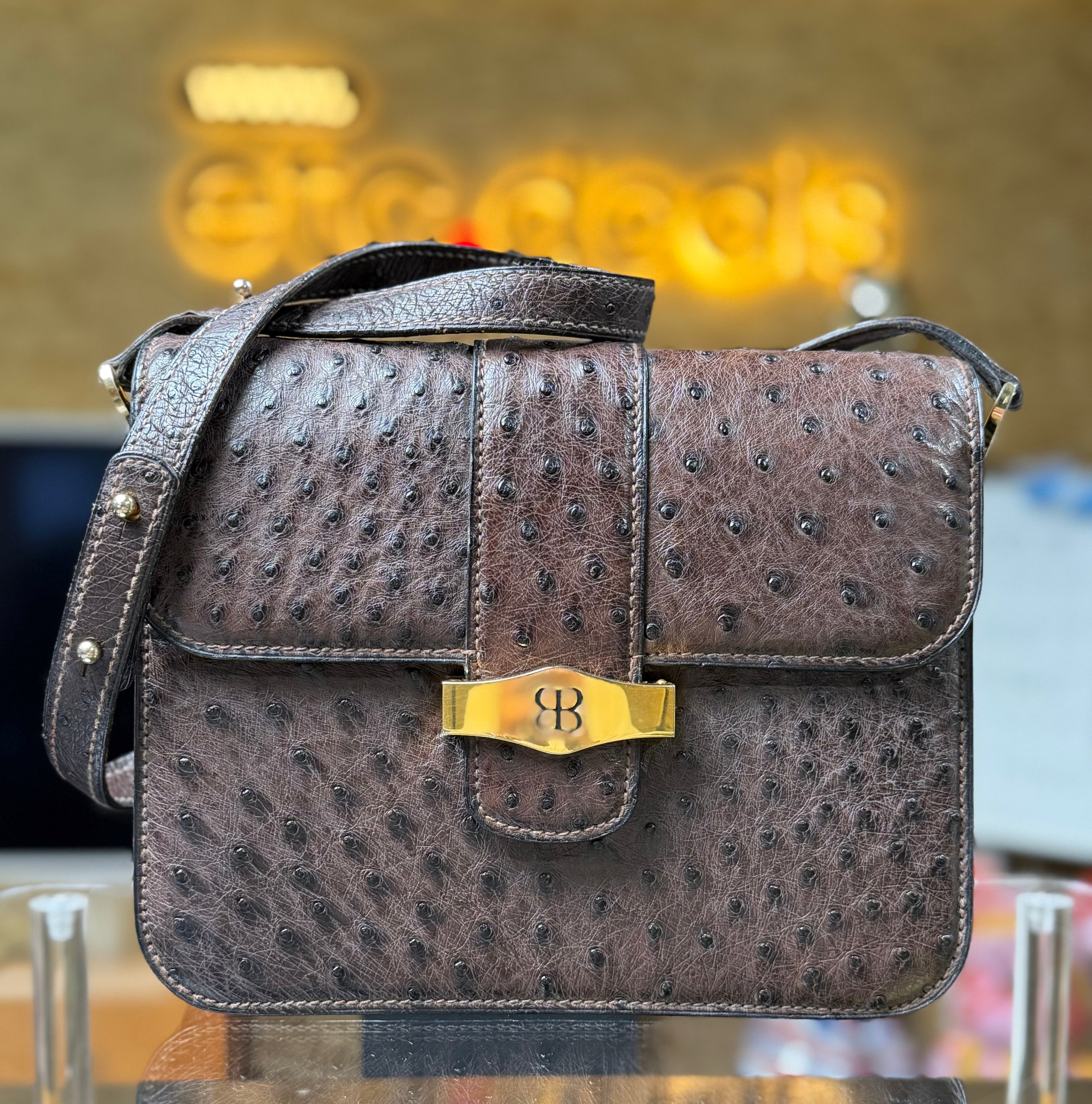 Balenciaga Brown Ostrich Leather Vintage Shoulder Crossbody Bag Gold BB Hardware