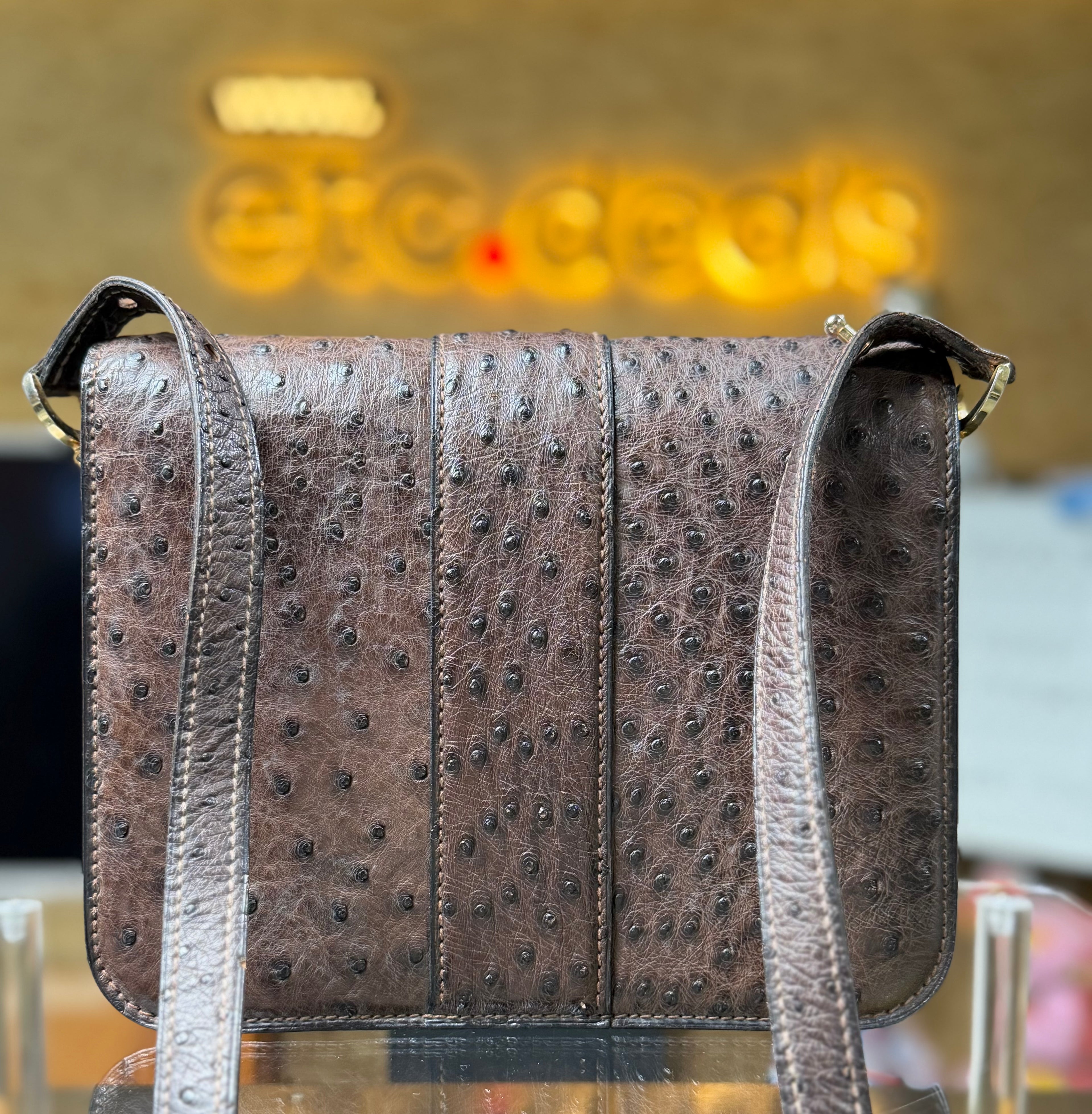 Balenciaga Brown Ostrich Leather Vintage Shoulder Crossbody Bag Gold BB Hardware