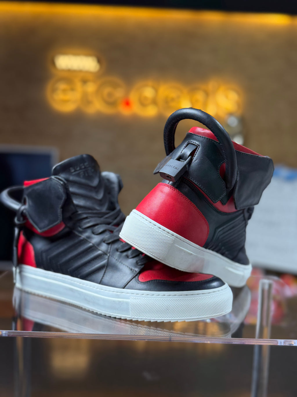 Buscemi Black & Red Leather High-Top Sneakers Padlock Lock Detail – Made in Italy