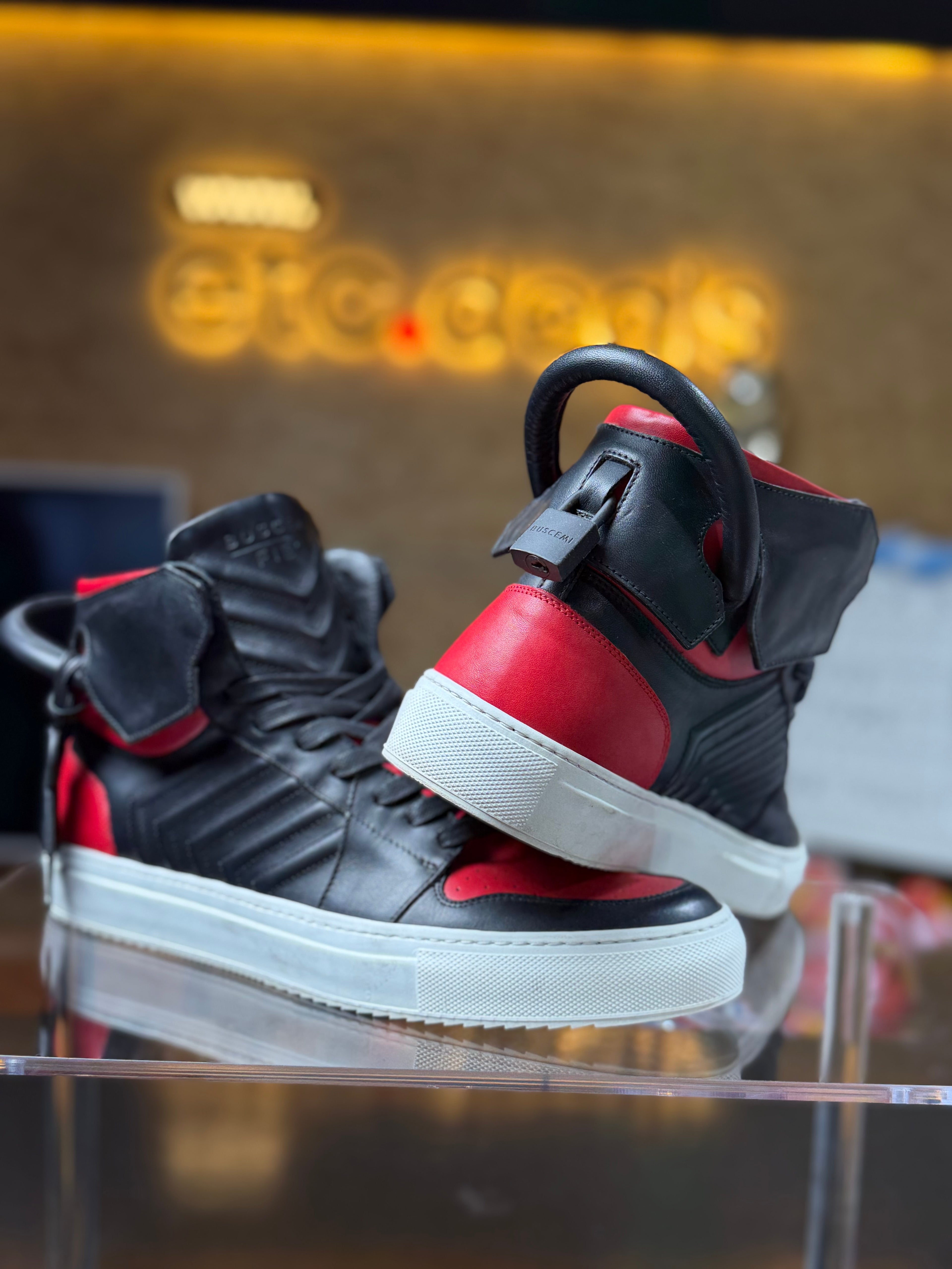 Buscemi Black & Red Leather High-Top Sneakers Padlock Lock Detail – Made in Italy