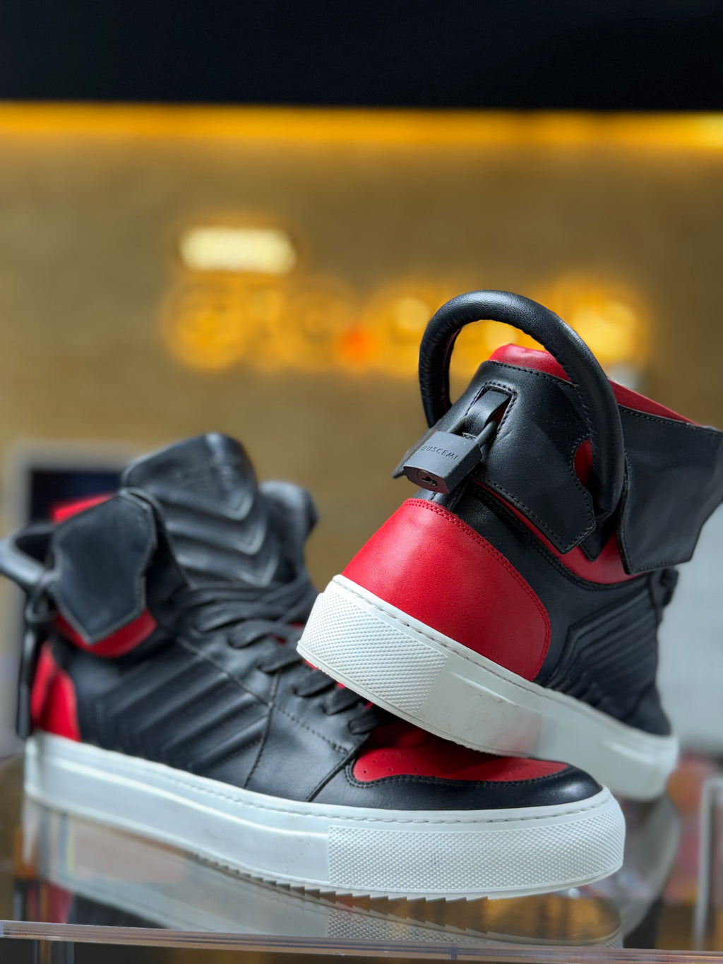 Buscemi Black & Red Leather High-Top Sneakers Padlock Lock Detail – Made in Italy