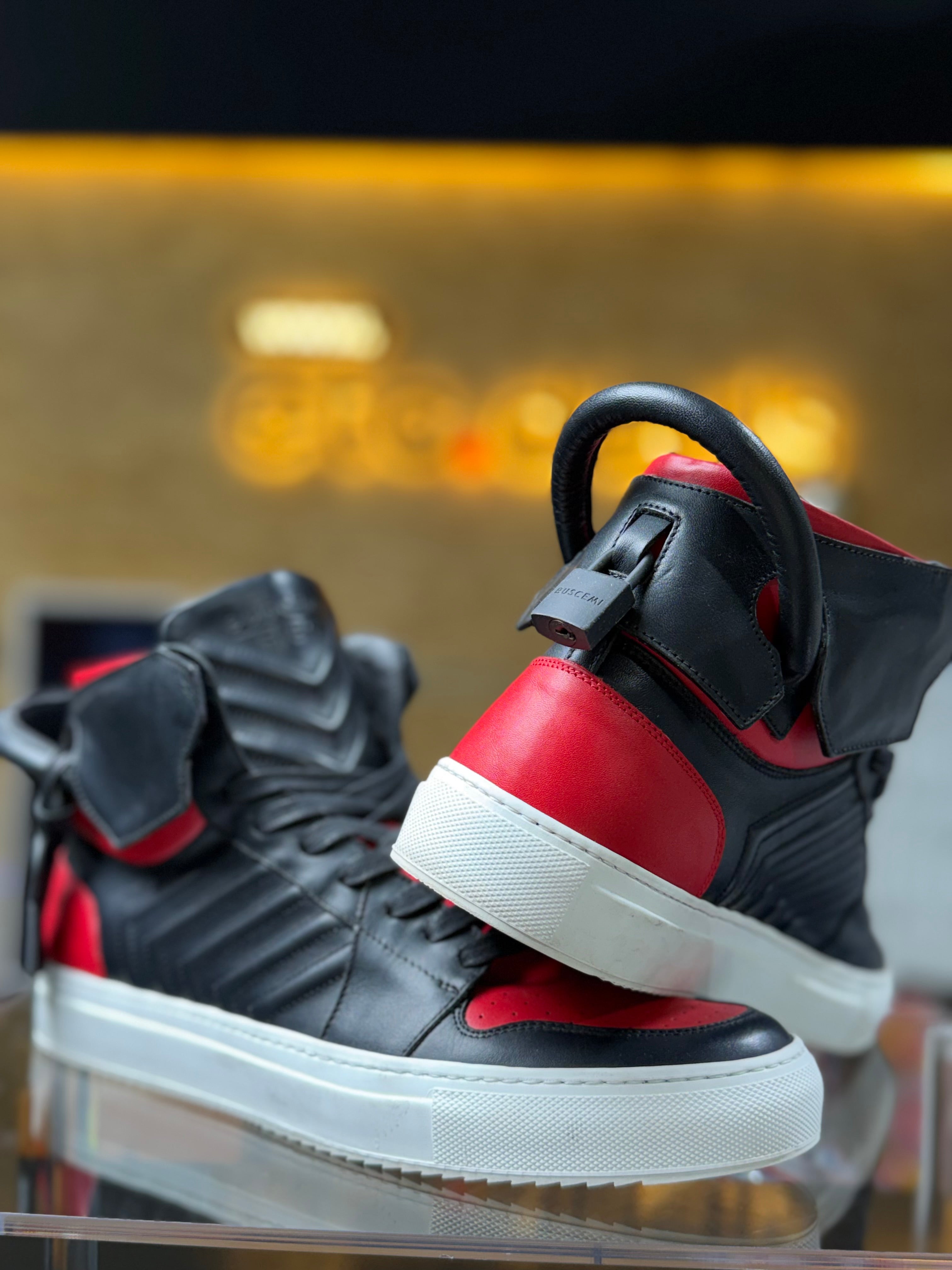 Buscemi Black & Red Leather High-Top Sneakers Padlock Lock Detail – Made in Italy